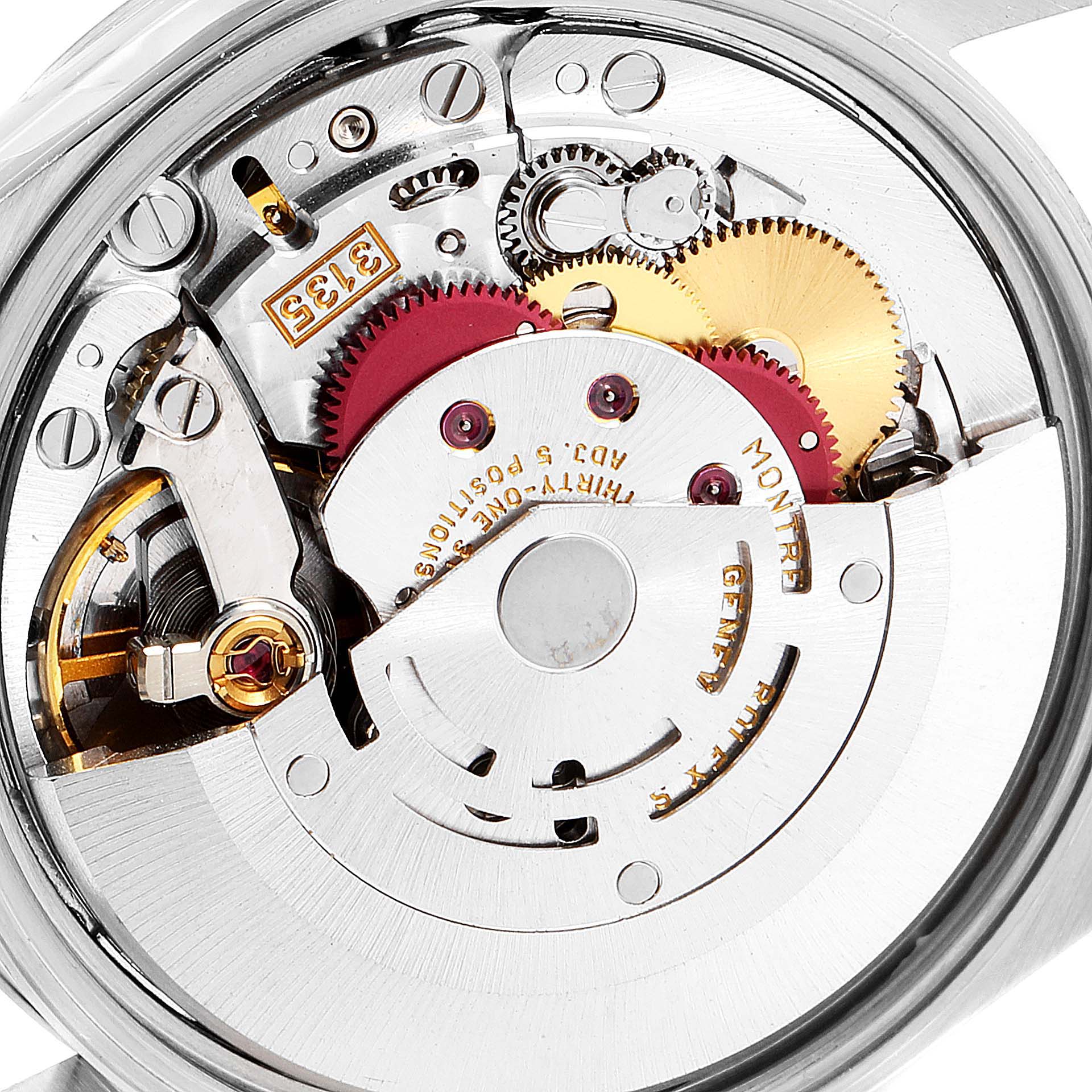 The image shows the internal mechanism of a Rolex Date 15200 Men's Stainless Steel Blue Dial 15200 Men's Stainless Steel Blue Dial model watch, highlighting gears and movement parts.