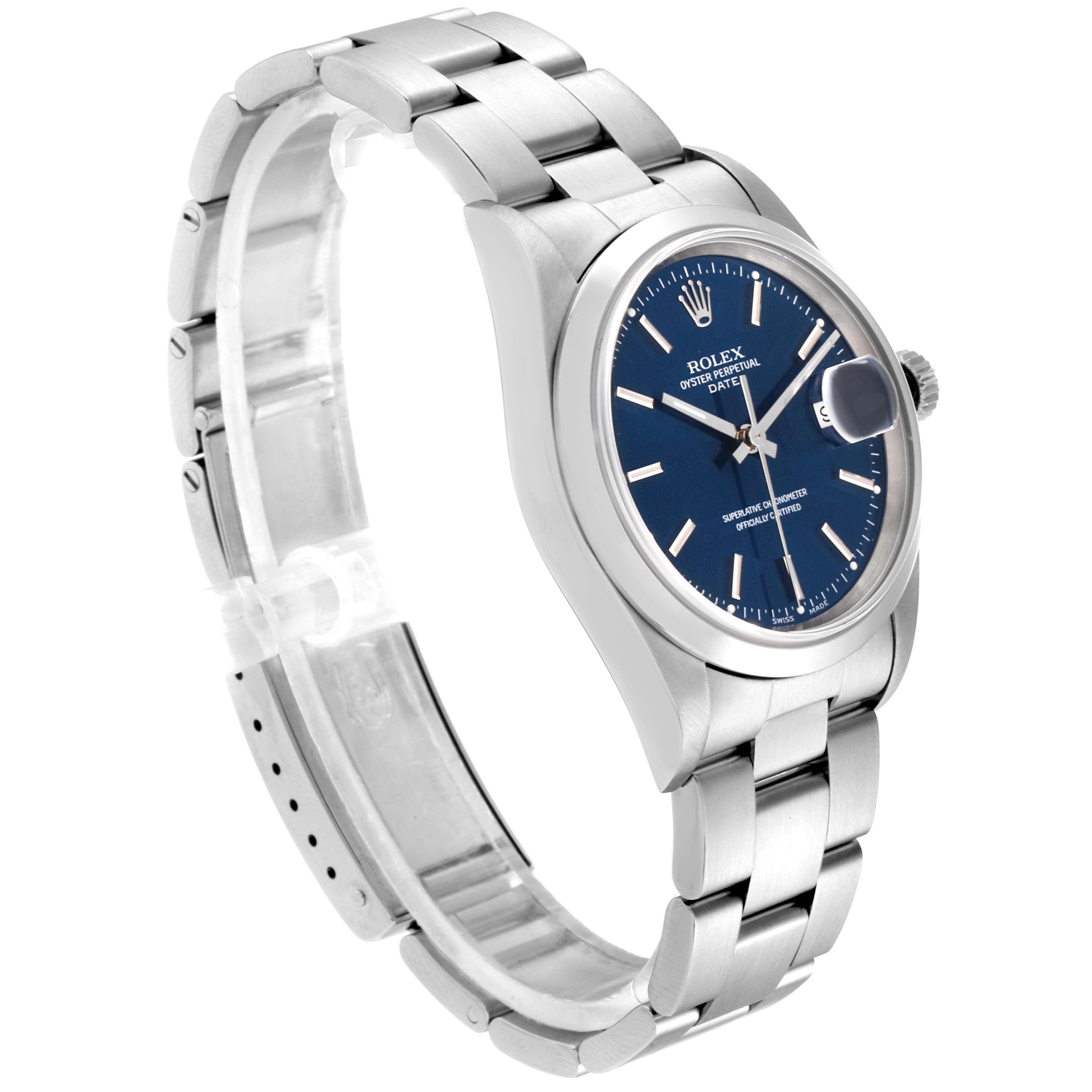 This image shows a side view of a Rolex Date 15200 Men's Stainless Steel Blue Dial 15200 Men's Stainless Steel Blue Dial model watch, highlighting its bracelet, case, and dial.
