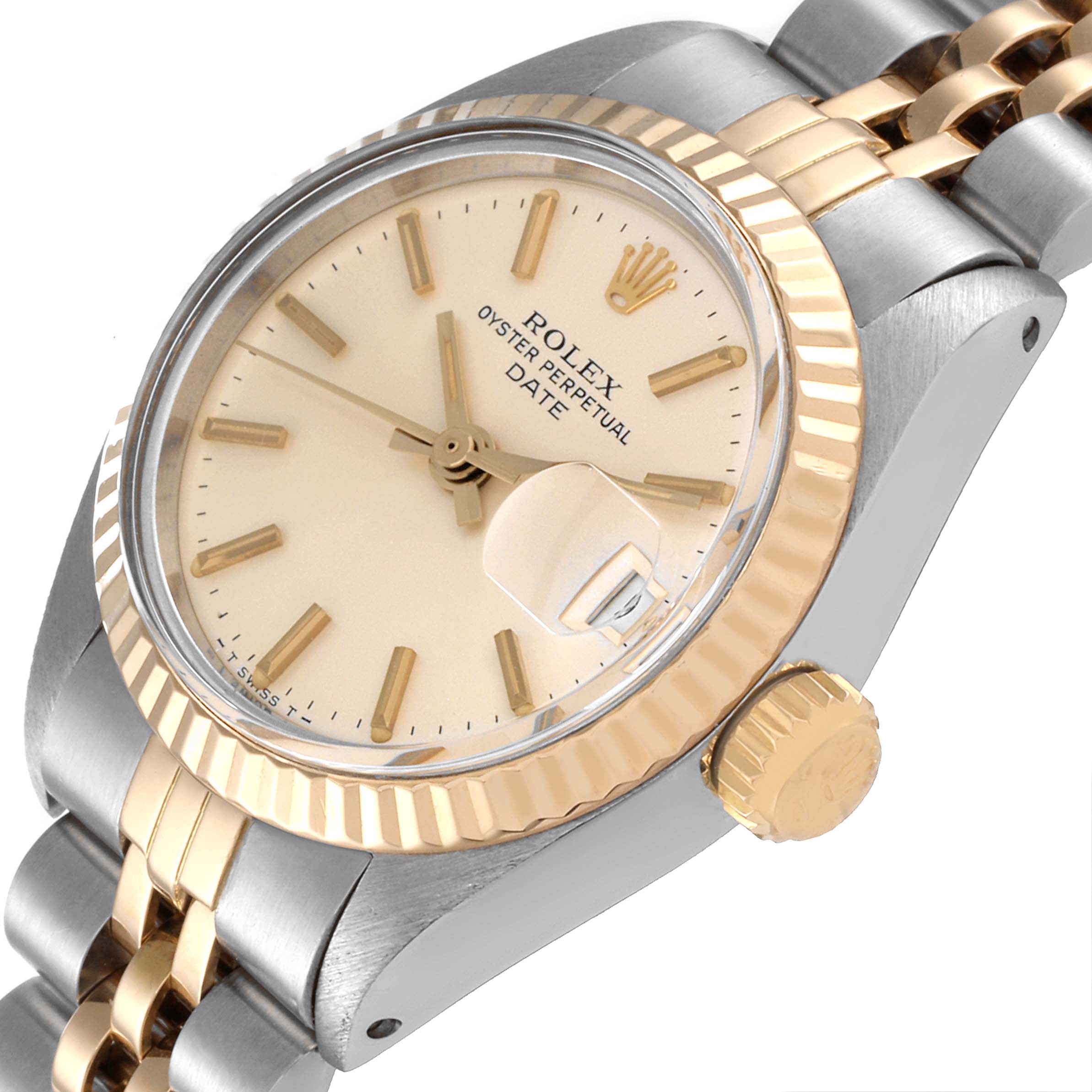 Rolex Date Steel Yellow Gold Silver Dial Fluted Bezel Ladies Watch 6917 SwissWatchExpo