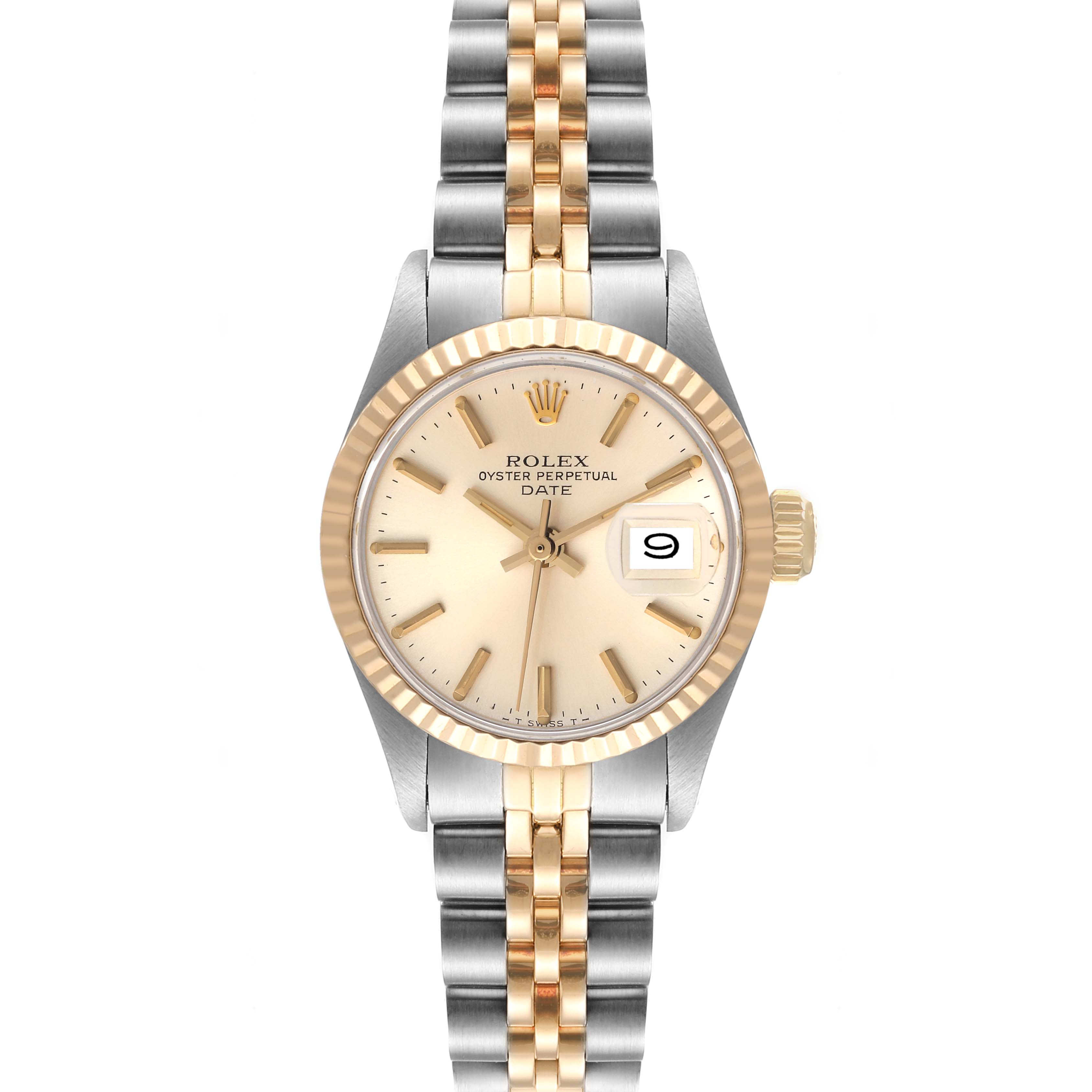 Rolex Date Steel Yellow Gold Silver Dial Fluted Bezel Ladies Watch 6917