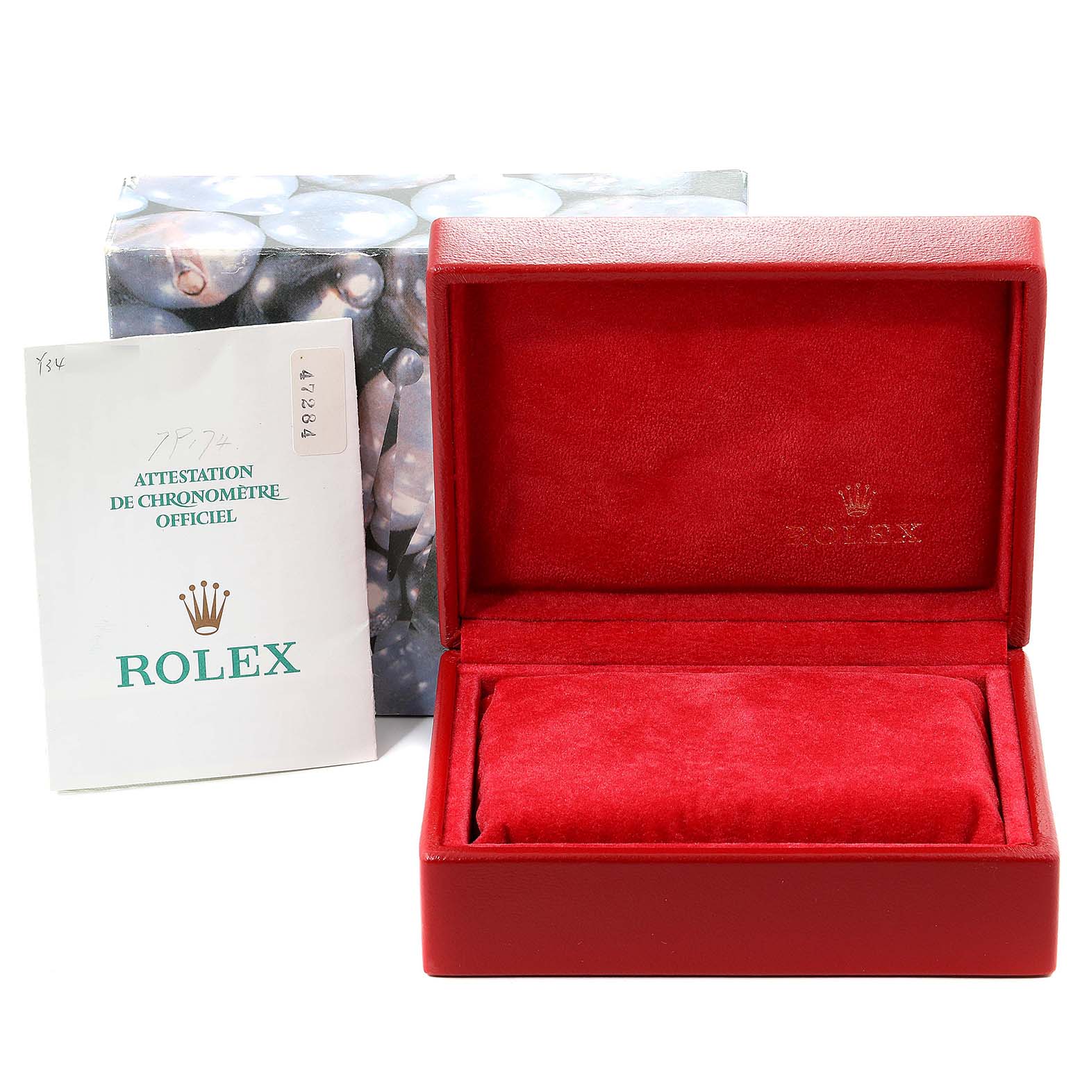 This image shows a red Rolex Datejust 79174 Women's Stainless Steel Silver Dial 79174 Women's Stainless Steel Silver Dial watch box with a certificate document and an outer packaging.