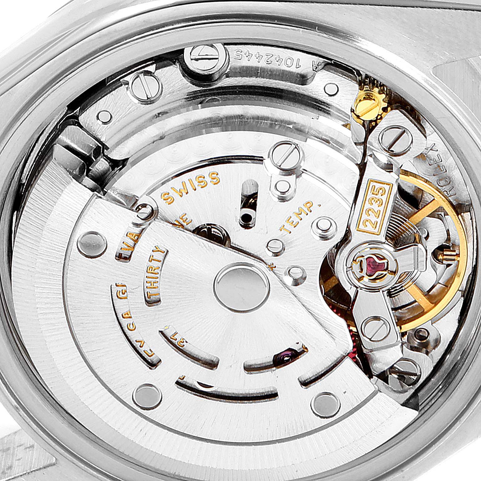 The image shows a close-up view of the movement and internal mechanism of a Rolex Datejust 79174 Women's Stainless Steel Silver Dial 79174 Women's Stainless Steel Silver Dial watch.