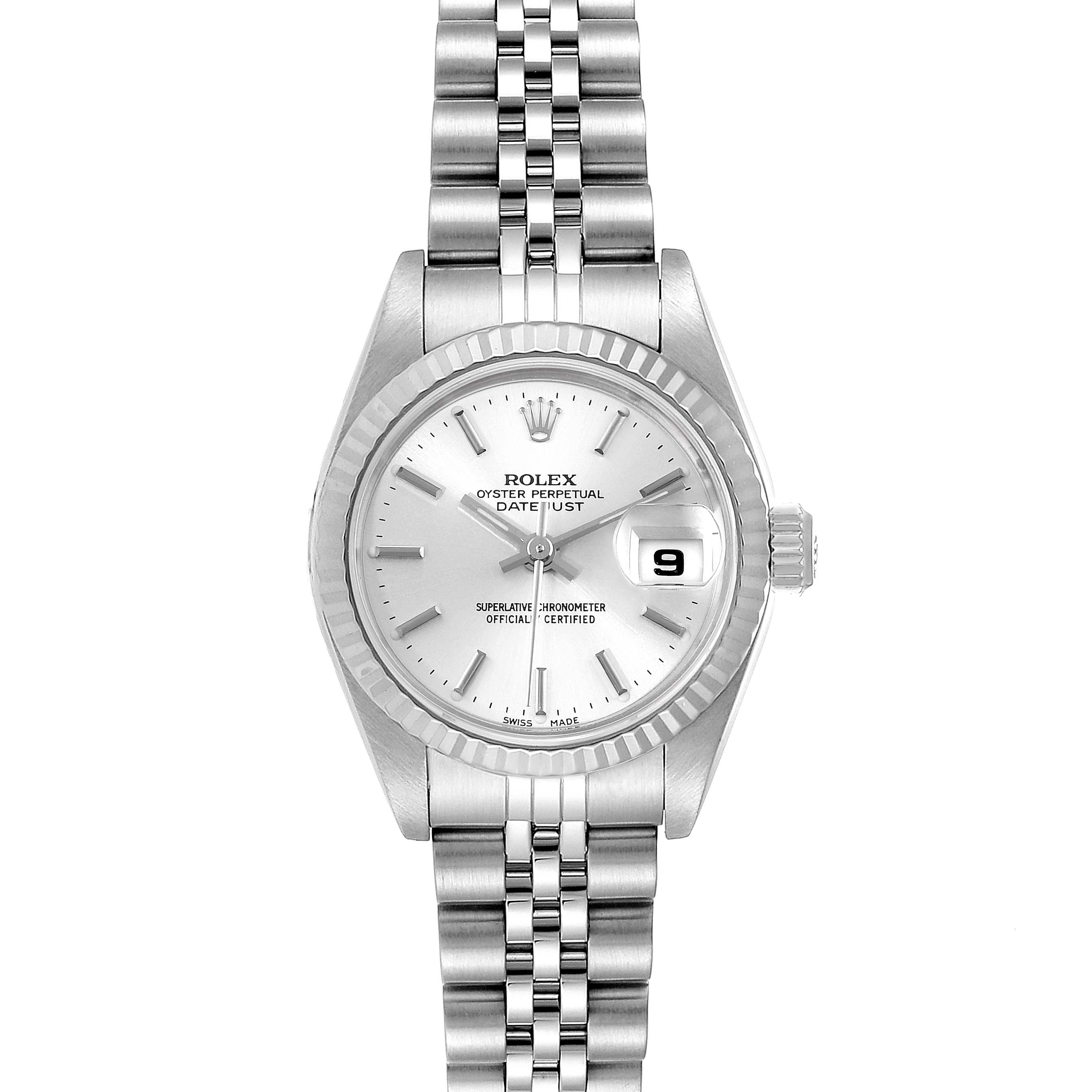 The image shows a front view of a Rolex Datejust 79174 Women's Stainless Steel Silver Dial 79174 Women's Stainless Steel Silver Dial watch, highlighting its dial, bezel, and bracelet.