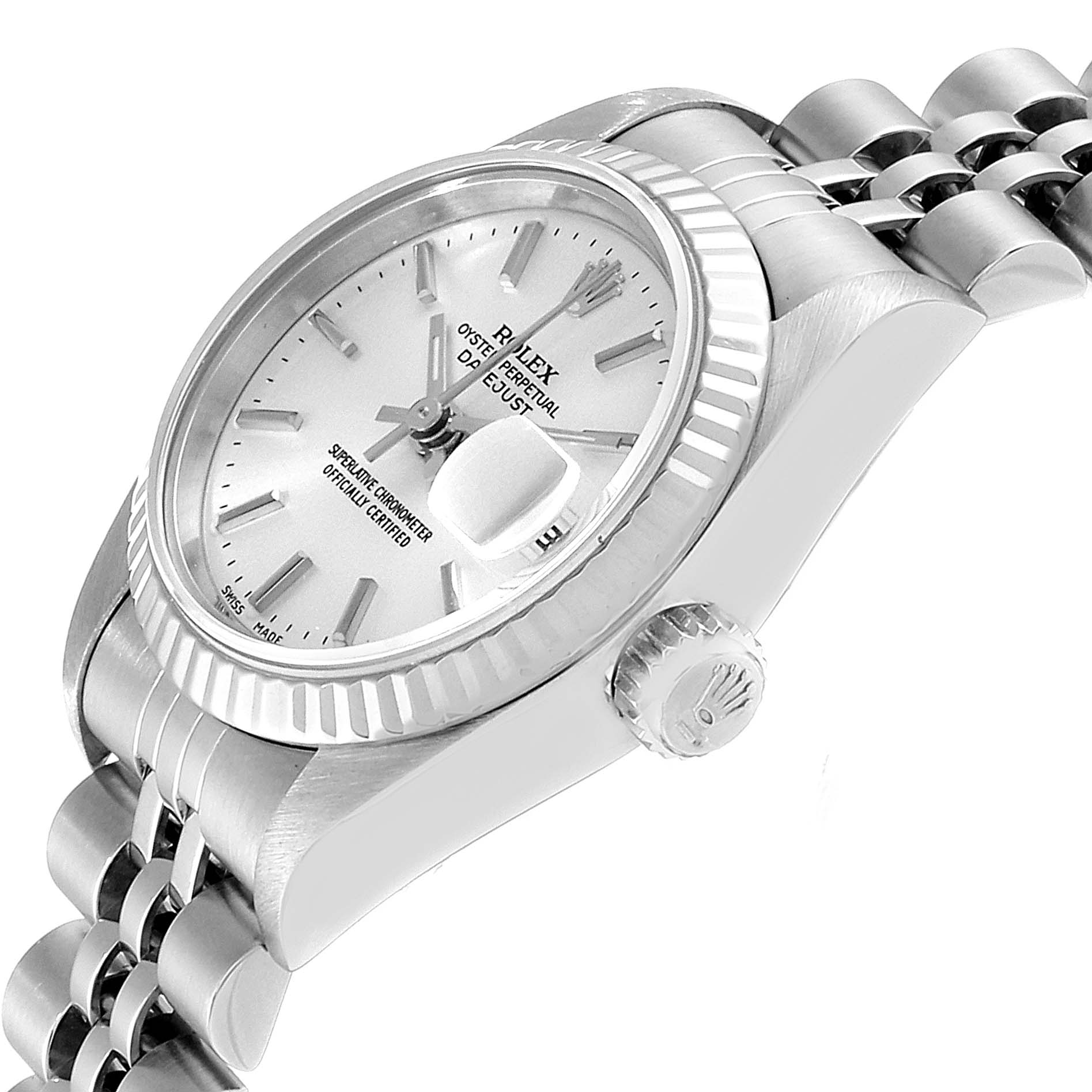 This image shows a side angle of the Rolex Datejust 79174 Women's Stainless Steel Silver Dial 79174 Women's Stainless Steel Silver Dial watch, highlighting its dial, bezel, bracelet, and crown.