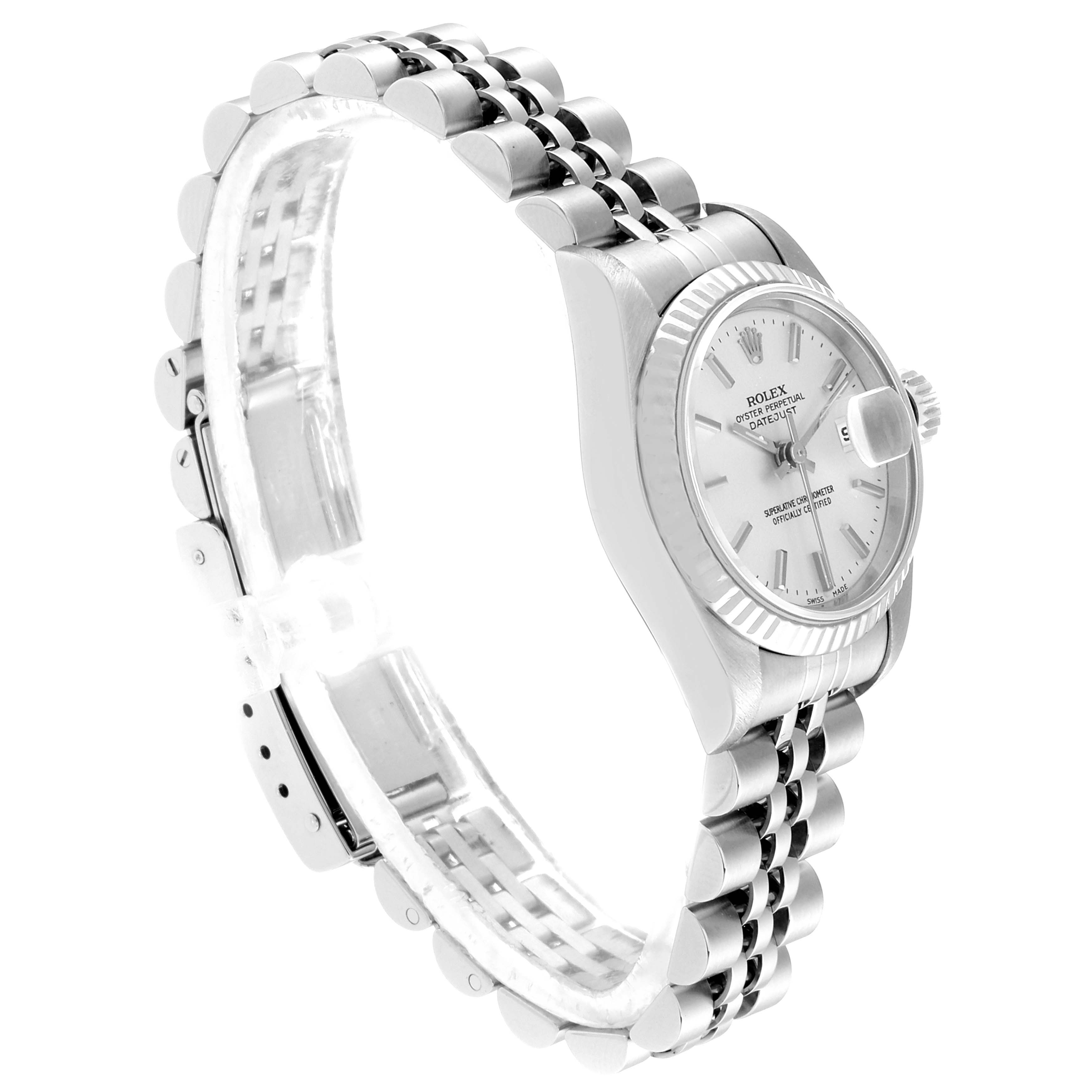 The image shows a Rolex Datejust 79174 Women's Stainless Steel Silver Dial 79174 Women's Stainless Steel Silver Dial watch from a side angle, highlighting the bracelet and the dial with date display.