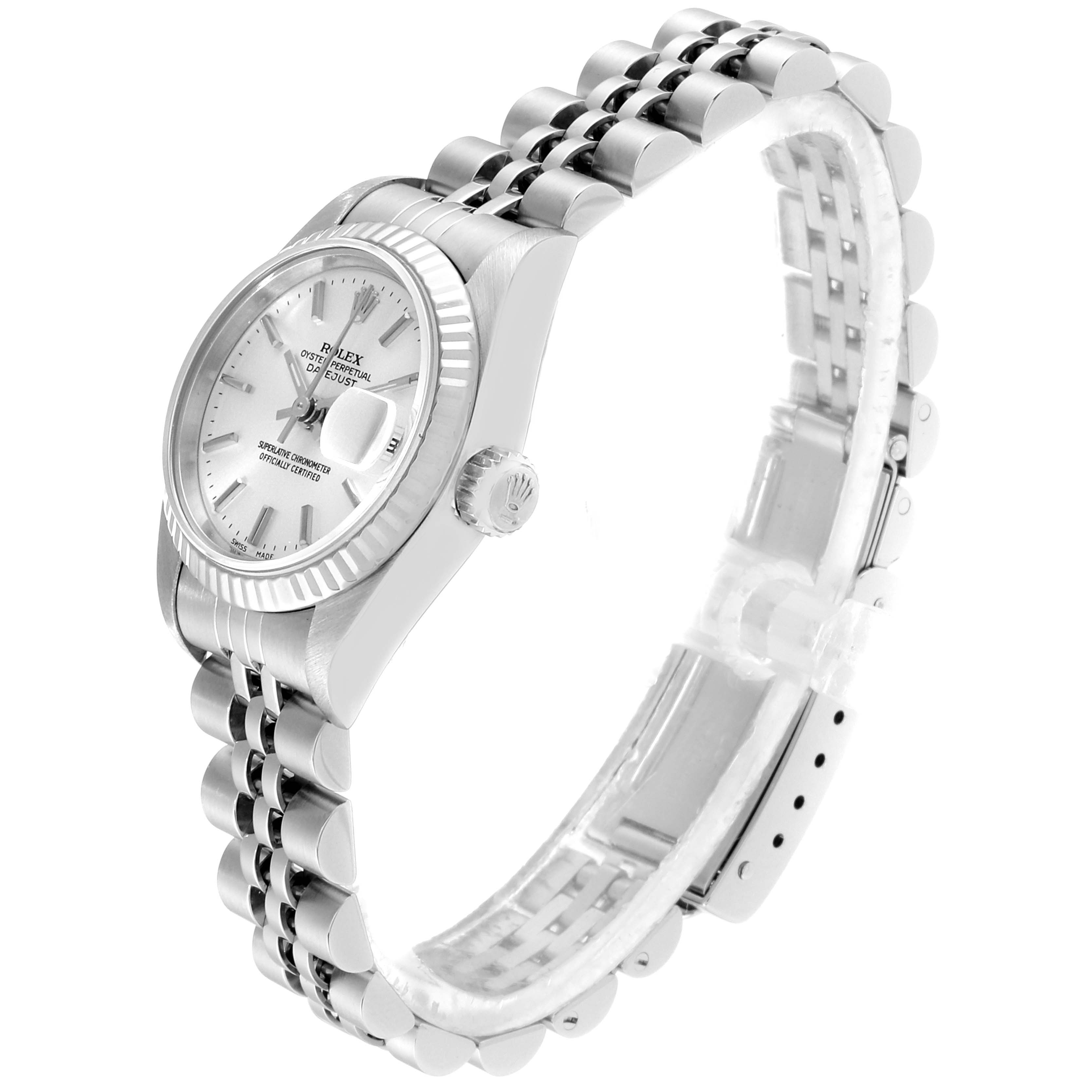 The image shows a side angle of a Rolex Datejust 79174 Women's Stainless Steel Silver Dial 79174 Women's Stainless Steel Silver Dial watch, highlighting its bezel, crown, and bracelet.