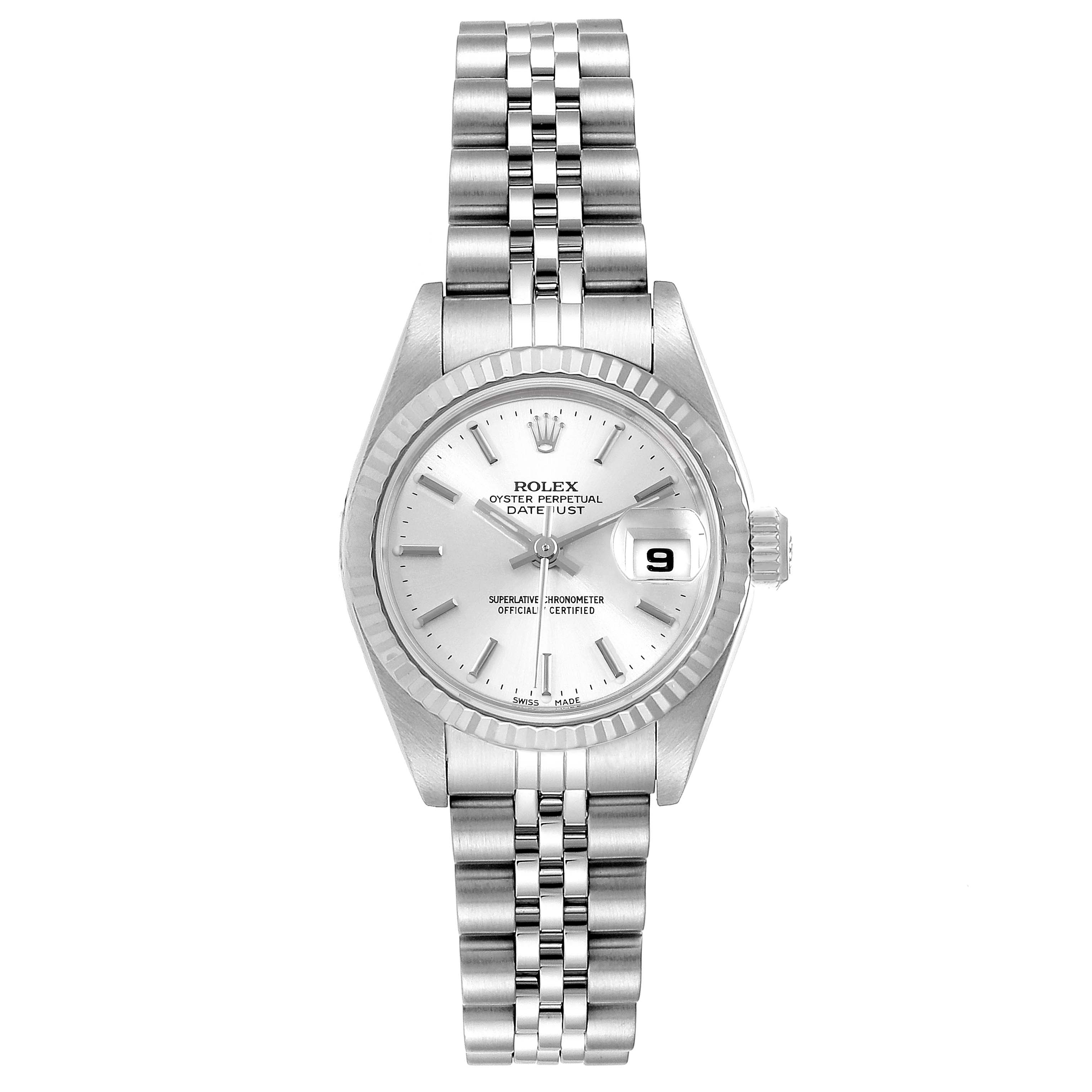 The Rolex Datejust 79174 Women's Stainless Steel Silver Dial 79174 Women's Stainless Steel Silver Dial watch is shown from a top-down angle featuring its dial, bracelet, and date window.