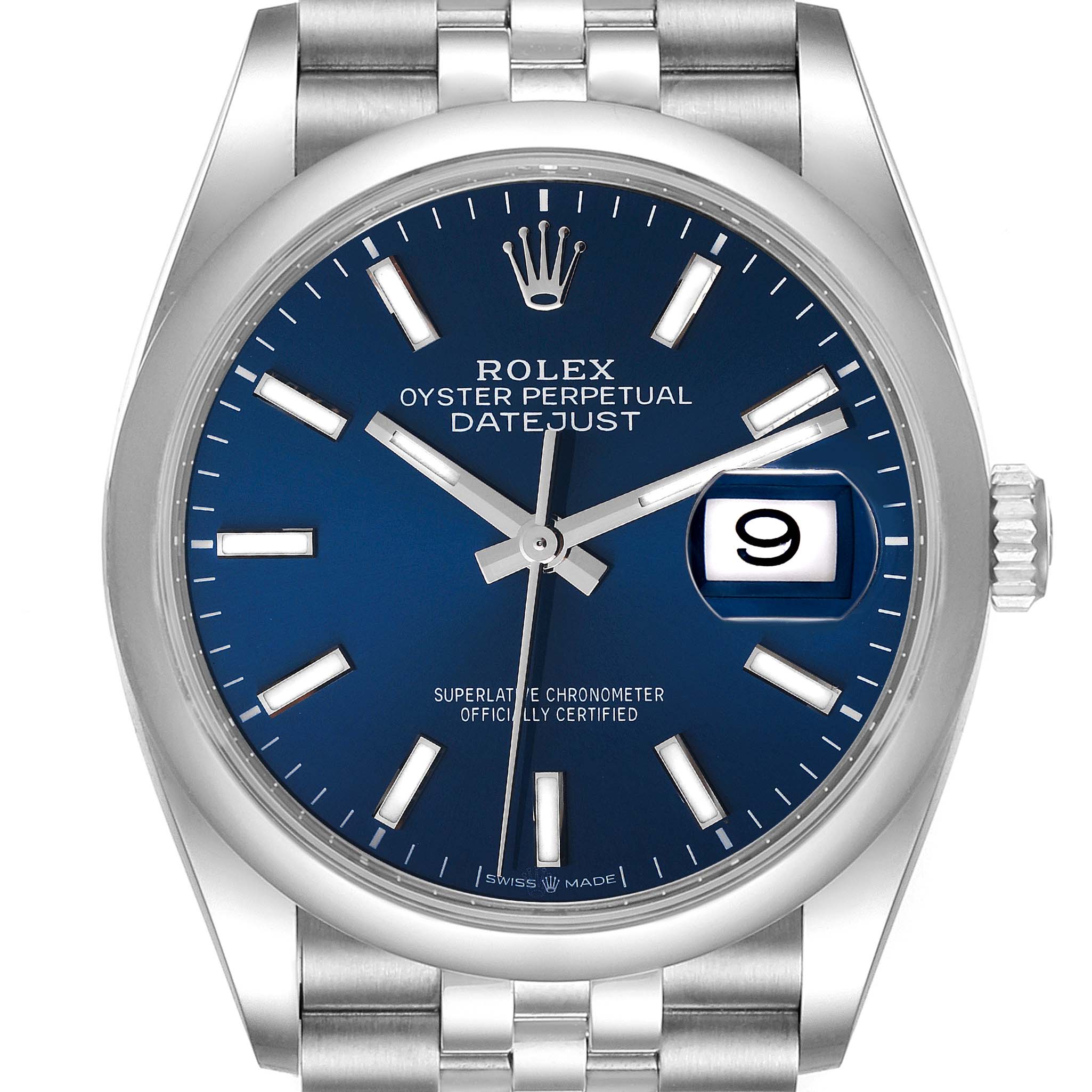 This image shows a front view of a Rolex Datejust 126200 Men's Stainless Steel Blue Dial 126200 Men's Stainless Steel Blue Dial watch showcasing its blue dial, date window, and stainless steel bracelet.