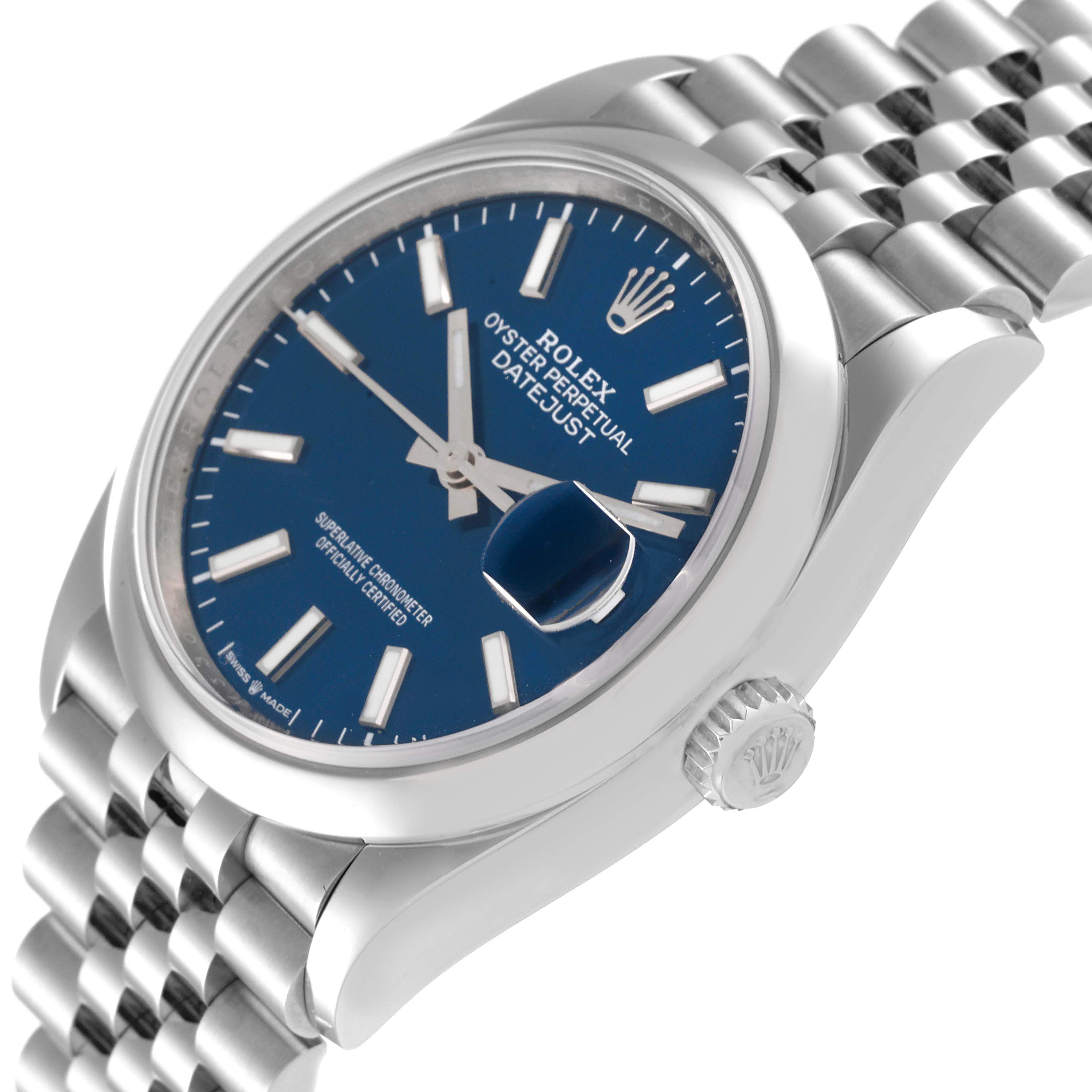 The image shows a Datejust model by Rolex at an angled side view, highlighting the face, crown, and bracelet.