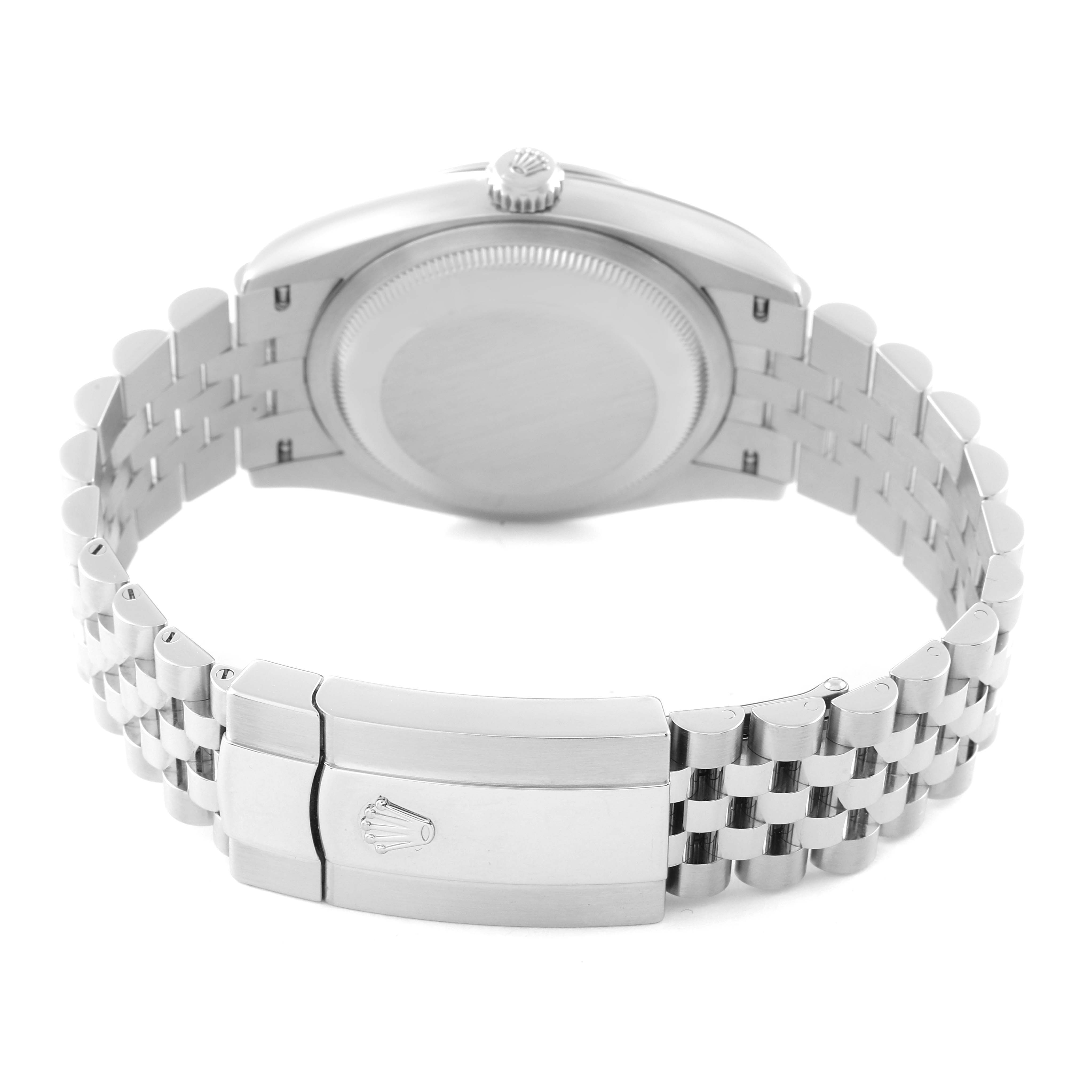 This image shows the back side of a Rolex Datejust 126200 Men's Stainless Steel Blue Dial 126200 Men's Stainless Steel Blue Dial watch, highlighting the clasp and bracelet.