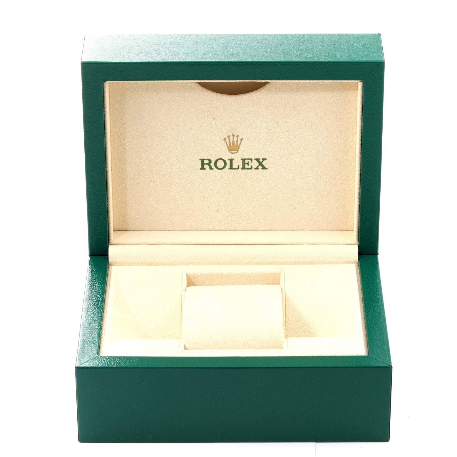 The image shows an open Rolex Datejust 126200 Men's Stainless Steel Blue Dial 126200 Men's Stainless Steel Blue Dial watch box with a green exterior and beige interior.