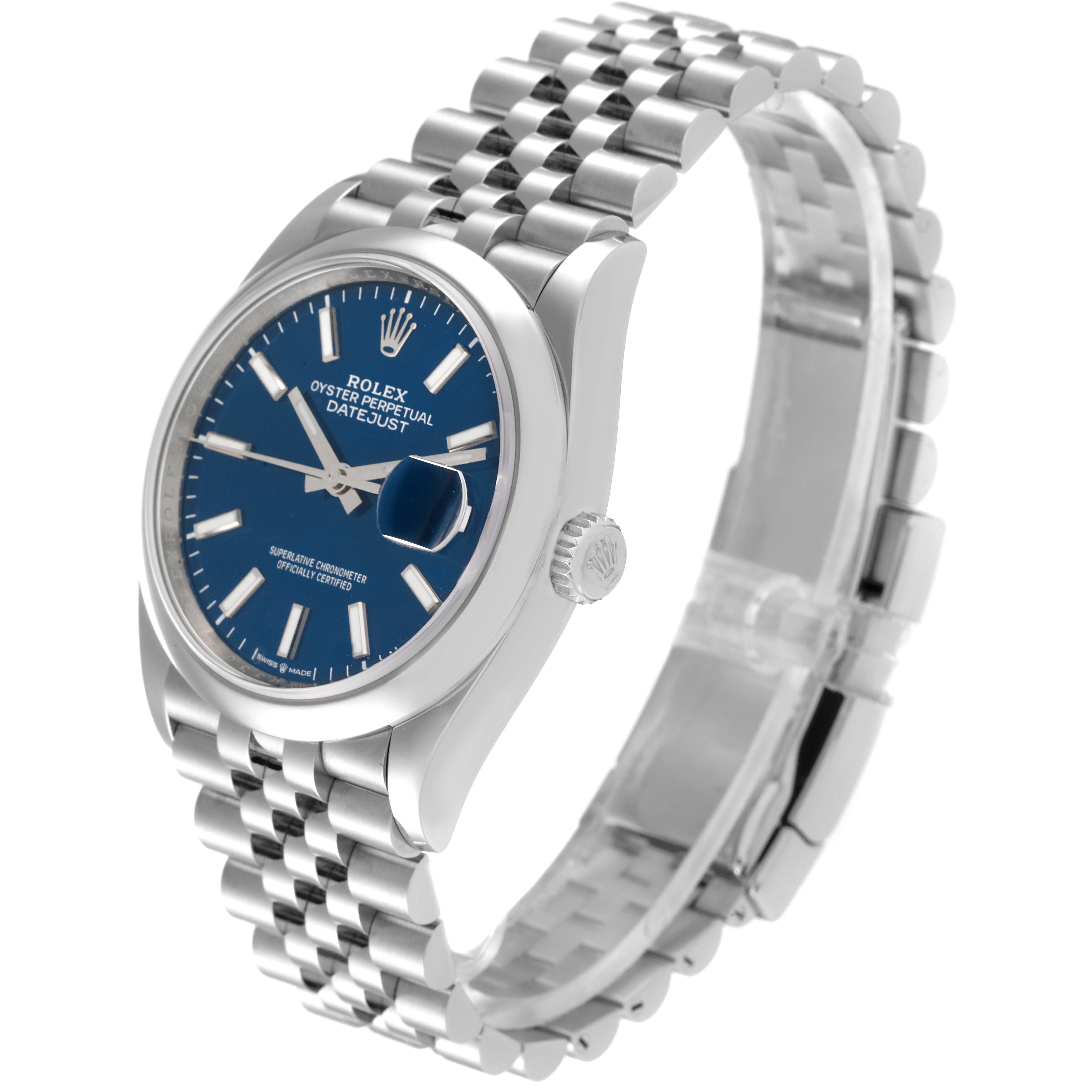 This Rolex Datejust 126200 Men's Stainless Steel Blue Dial 126200 Men's Stainless Steel Blue Dial watch is shown at a three-quarters angle, displaying the dial, bezel, crown, and bracelet.