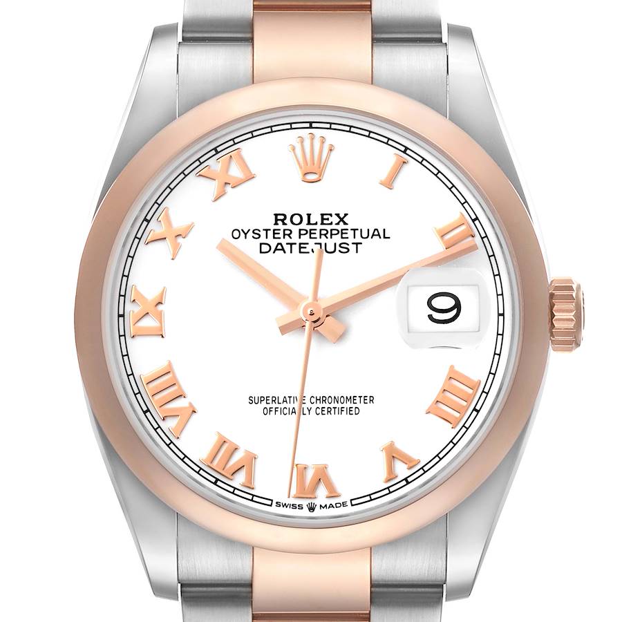 Rolex Datejust 36 Steel Everose Gold White Roman Dial Mens Watch 126201 Box Card SwissWatchExpo