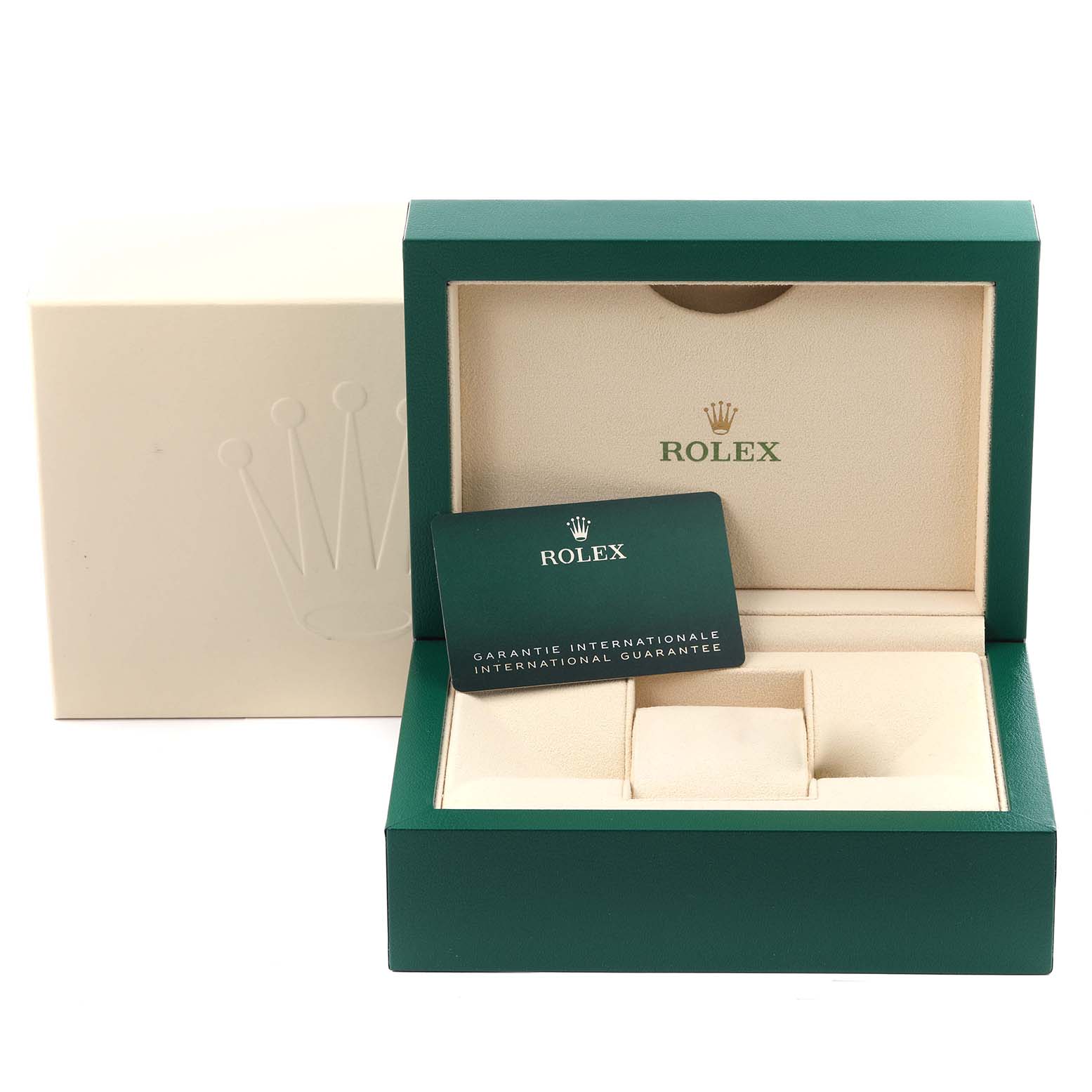 The image shows the packaging and international guarantee card for the Rolex Datejust 126201 Men
s Steel and Gold (two tone) White Dial 126201 Men
s Steel and Gold (two tone) White Dial.