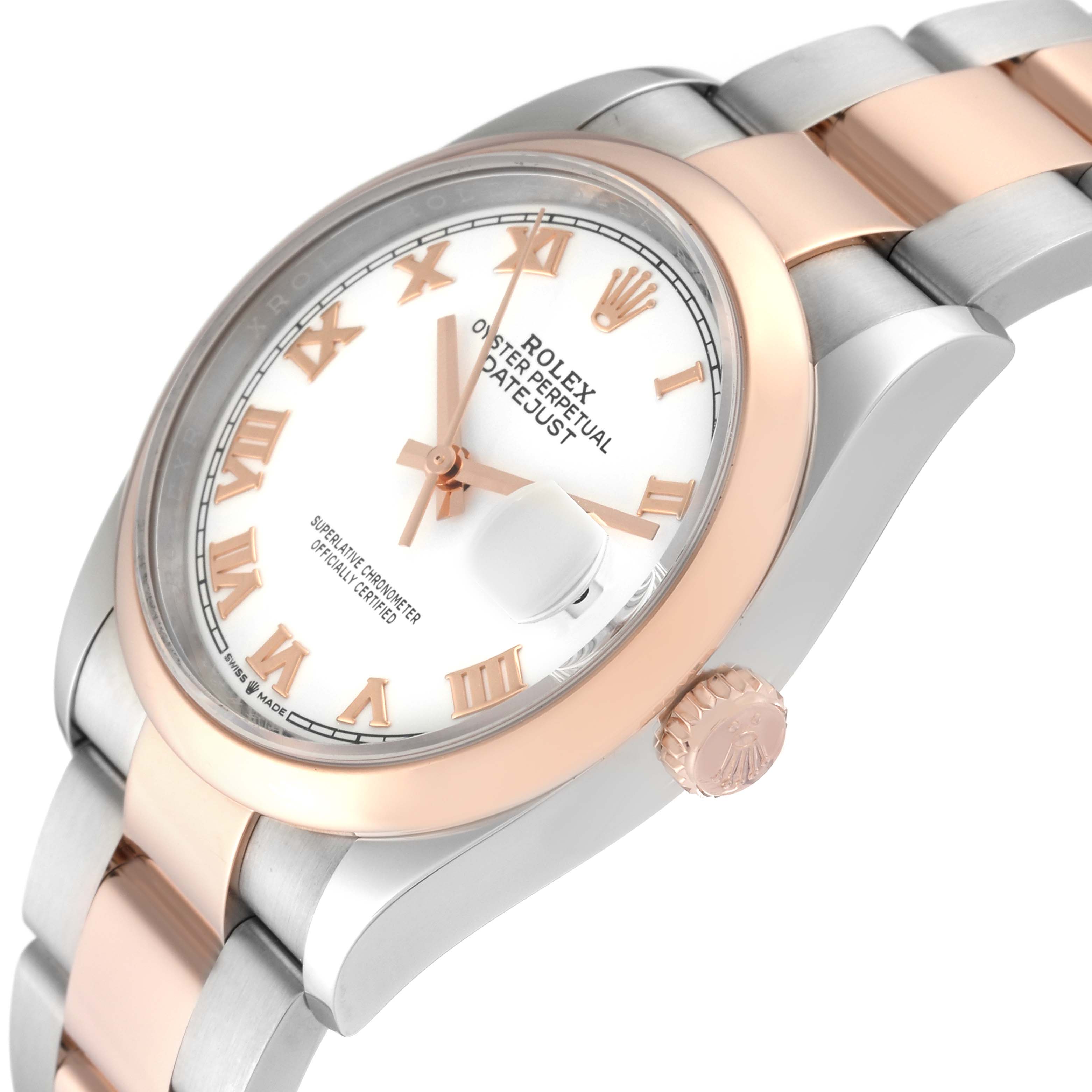 This is a close-up angle of the Rolex Datejust 126201 Men
s Steel and Gold (two tone) White Dial 126201 Men
s Steel and Gold (two tone) White Dial, showing the dial, bezel, crown, and part of the bracelet.