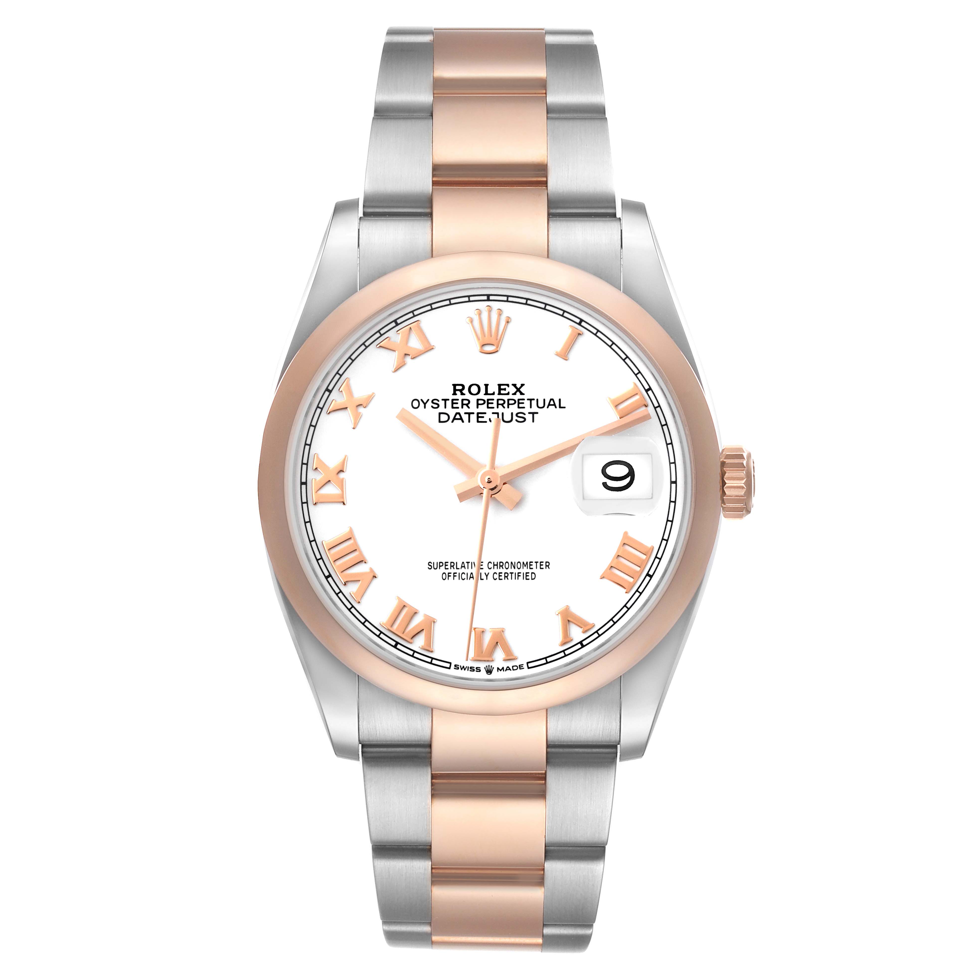 This image shows a front view of a Rolex Datejust 126201 Men
s Steel and Gold (two tone) White Dial 126201 Men
s Steel and Gold (two tone) White Dial watch, featuring a two-tone band and date display.