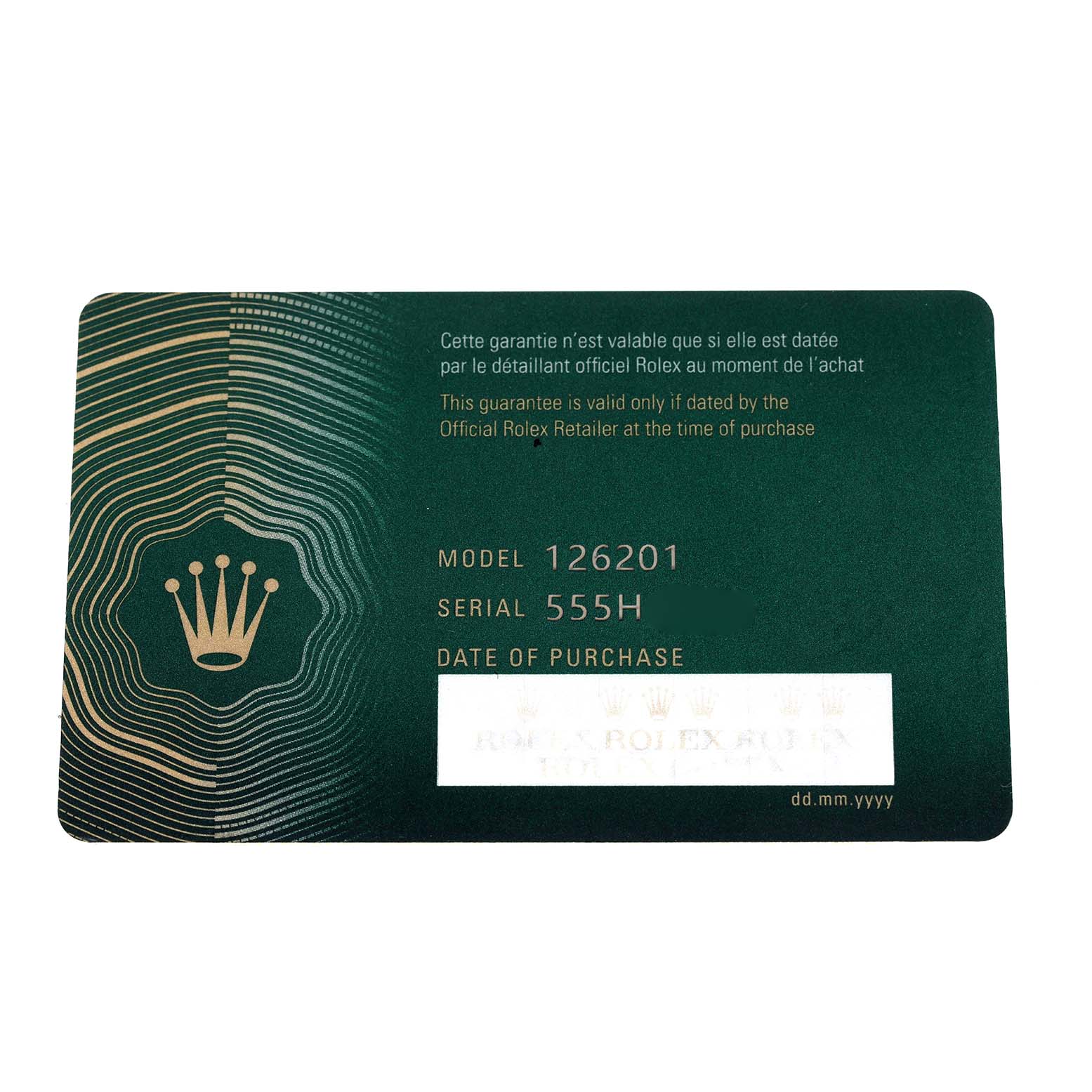 The image shows a green warranty card for the Rolex Datejust 126201 Men
s Steel and Gold (two tone) White Dial 126201 Men
s Steel and Gold (two tone) White Dial model with the model number 126201 and serial number 555H.