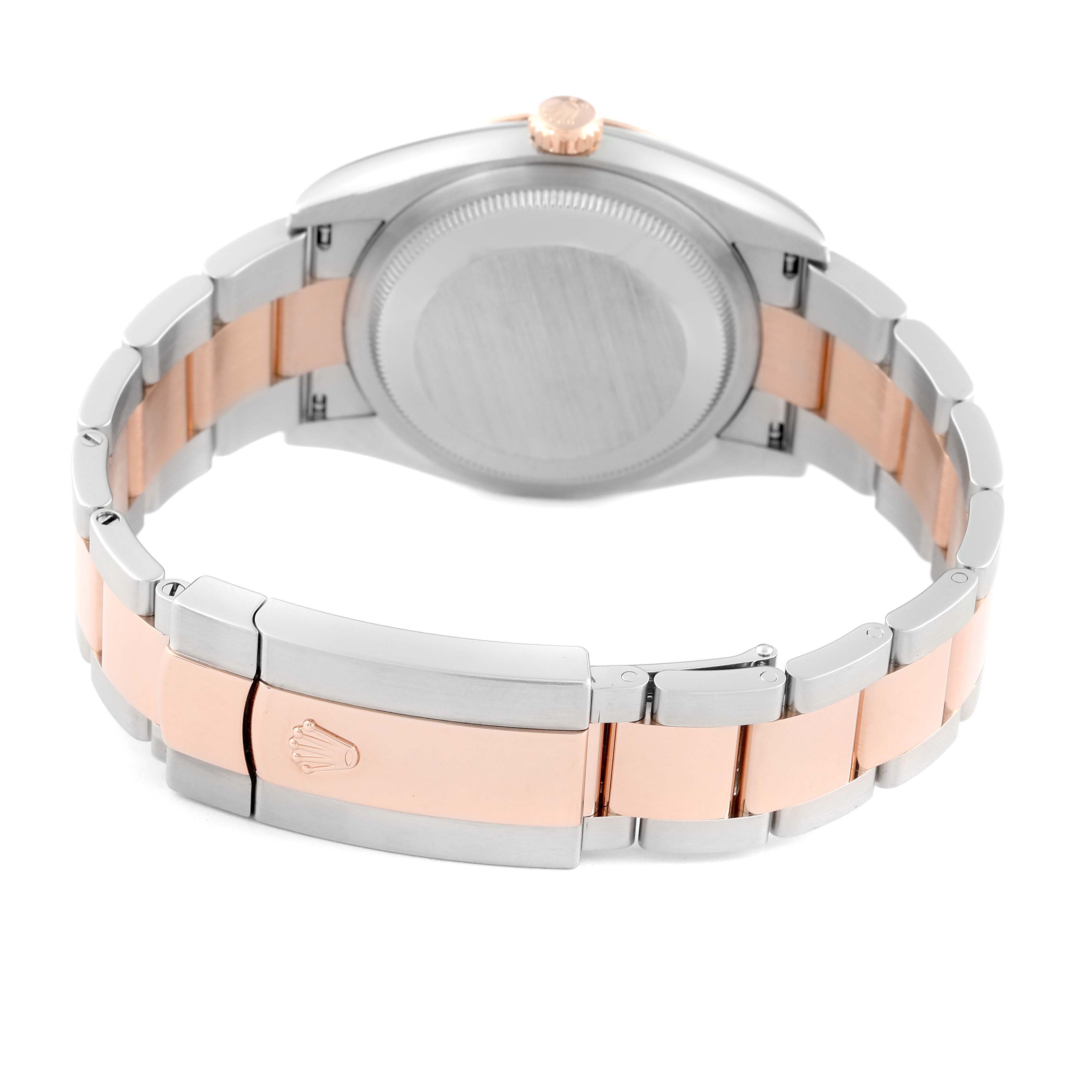 The image shows the back of a Rolex Datejust 126201 Men
s Steel and Gold (two tone) White Dial 126201 Men
s Steel and Gold (two tone) White Dial watch, highlighting its two-tone bracelet and closed clasp.