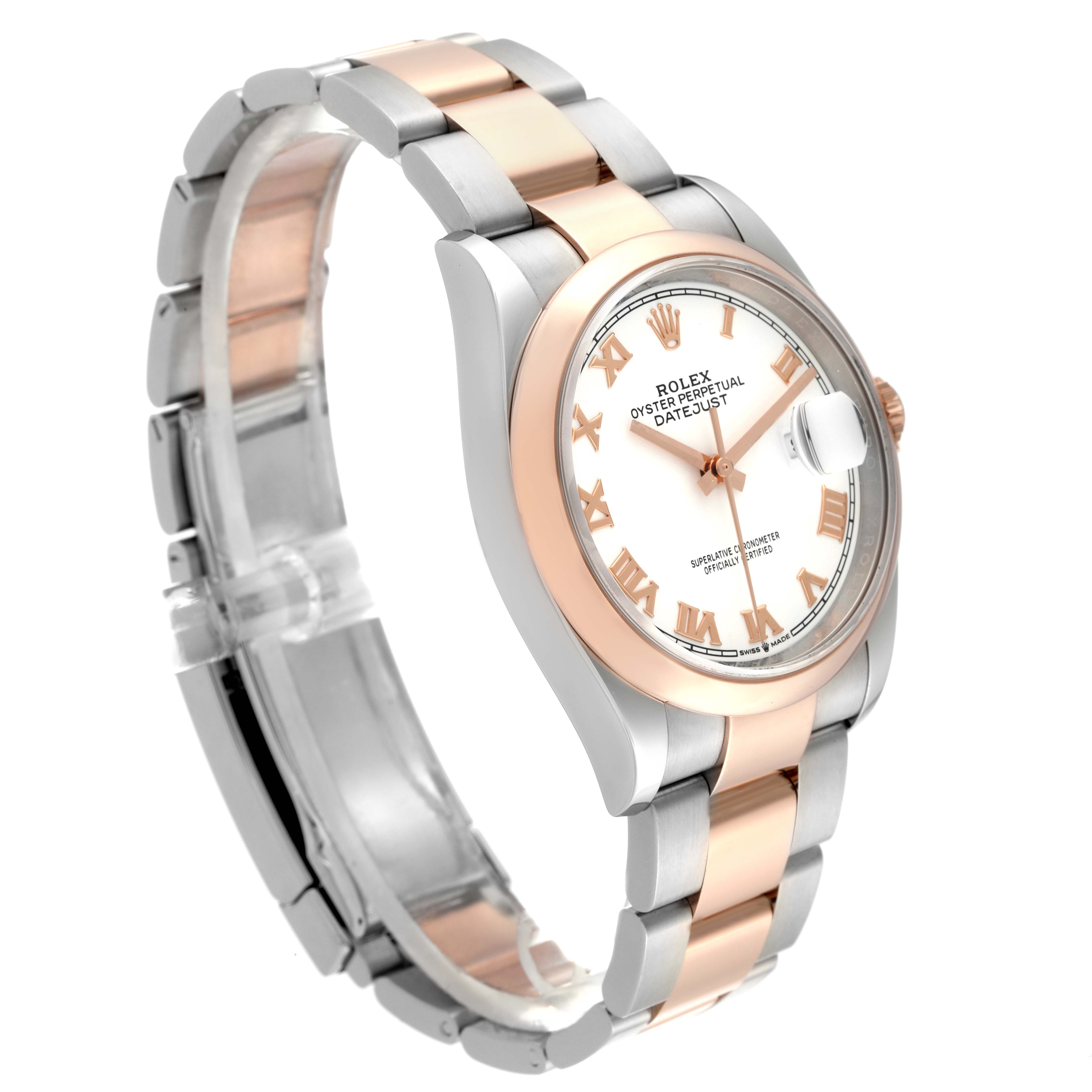 The image shows a side view of the Rolex Datejust 126201 Men
s Steel and Gold (two tone) White Dial 126201 Men
s Steel and Gold (two tone) White Dial watch, highlighting its rose gold bezel, mixed metal bracelet, and dial.