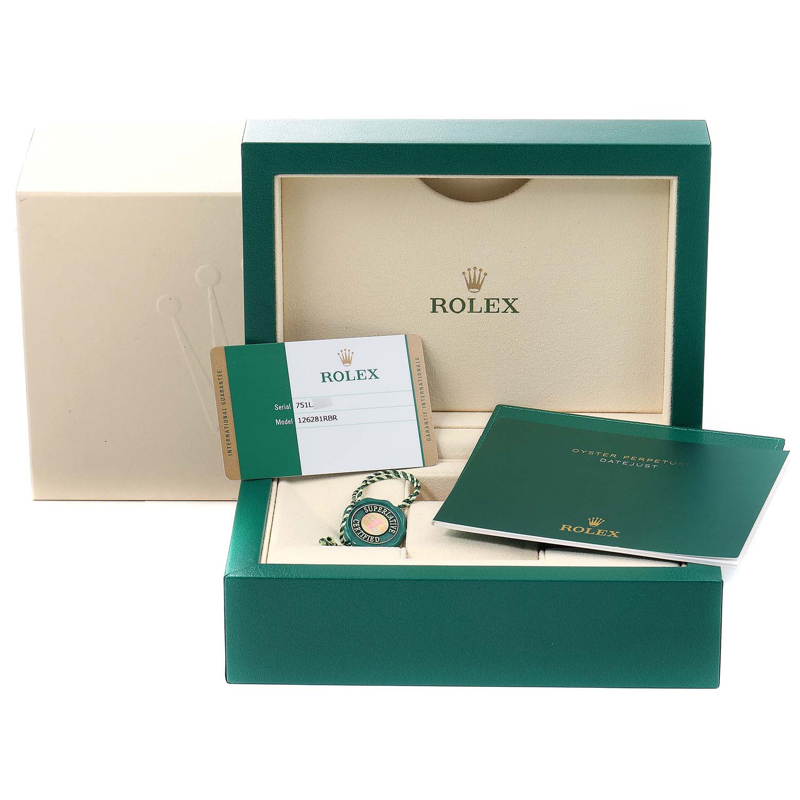 The image shows the box, warranty card, tag, and booklet for a Rolex Datejust 126281 Men's Steel and Gold (two tone) Black Dial 126281 Men's Steel and Gold (two tone) Black Dial watch.