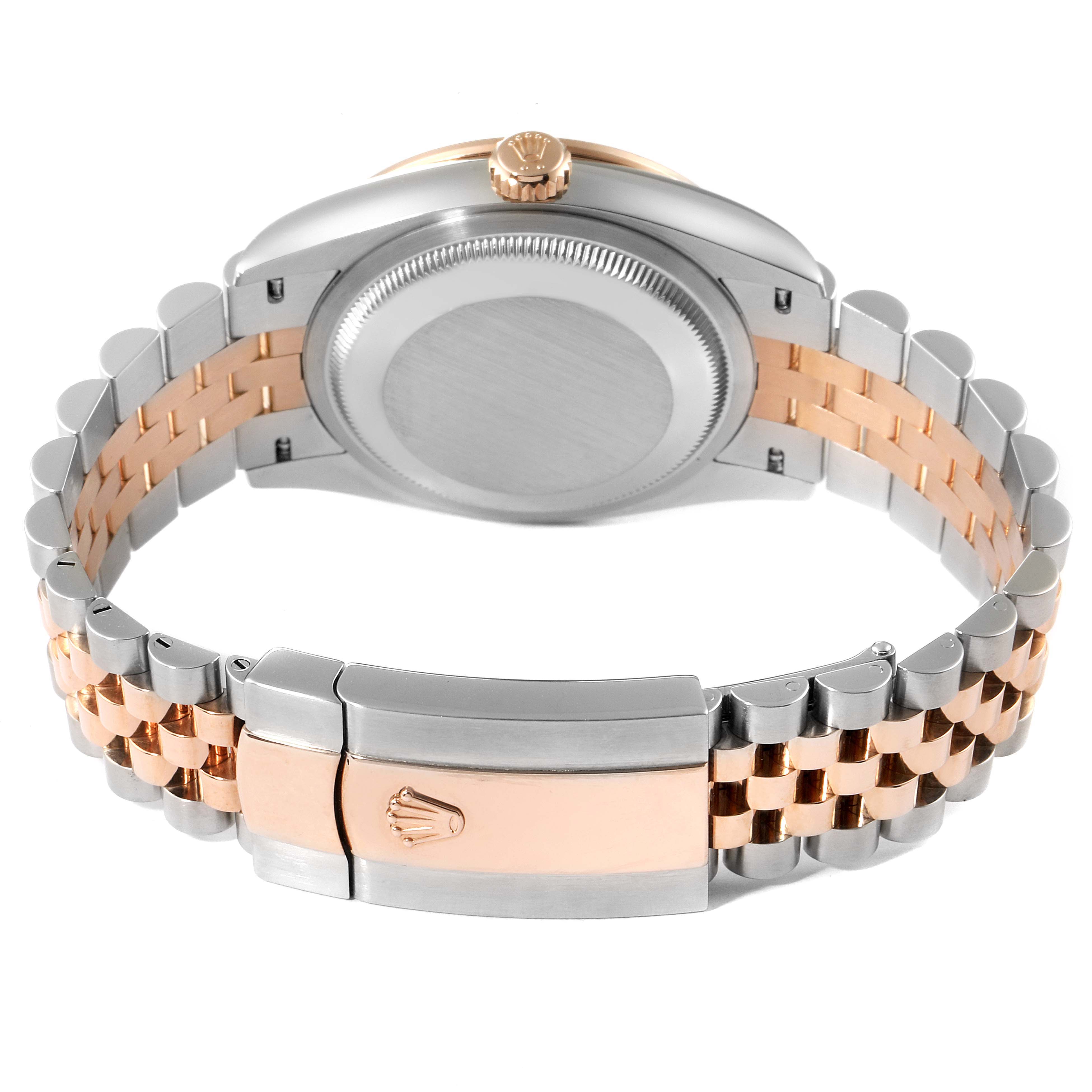 The image shows the back of a Rolex Datejust 126281 Men's Steel and Gold (two tone) Black Dial 126281 Men's Steel and Gold (two tone) Black Dial model, highlighting its two-tone bracelet and clasp.