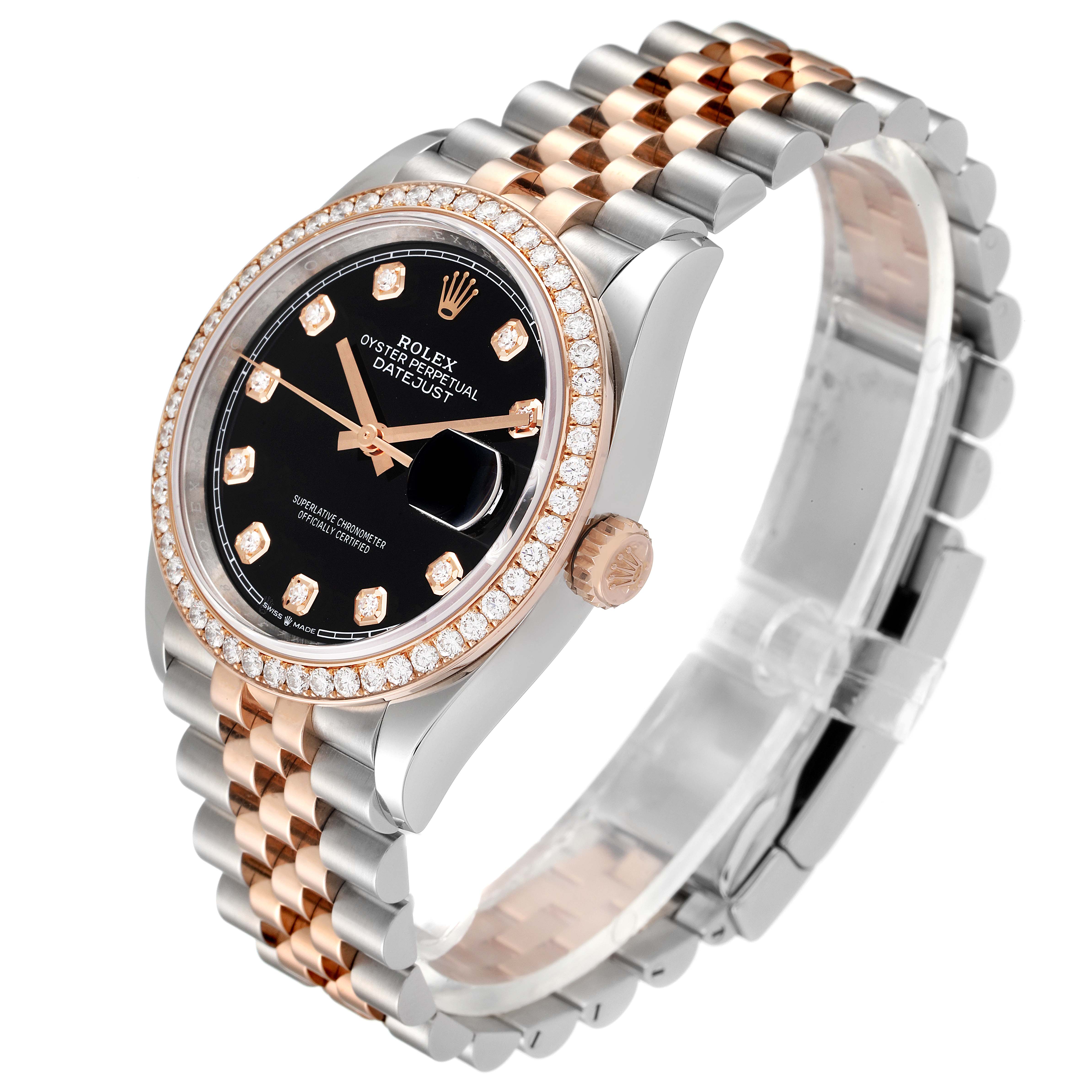 The Rolex Datejust 126281 Men's Steel and Gold (two tone) Black Dial 126281 Men's Steel and Gold (two tone) Black Dial watch is shown at a 3/4 angle, highlighting its face, bezel, crown, and two-tone bracelet.