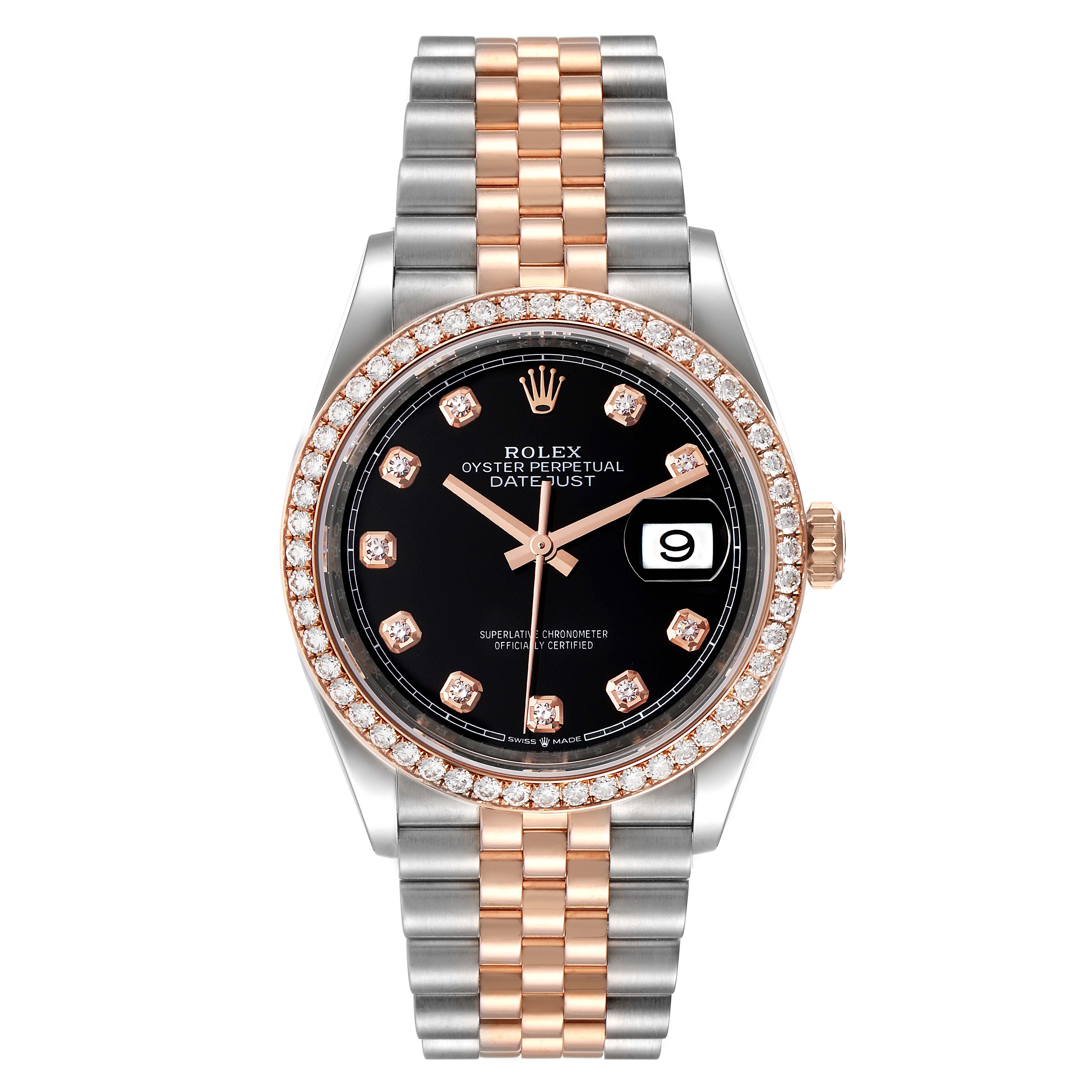 The image shows a front view of a Rolex Datejust 126281 Men's Steel and Gold (two tone) Black Dial 126281 Men's Steel and Gold (two tone) Black Dial watch, highlighting the dial, bezel, and bracelet.