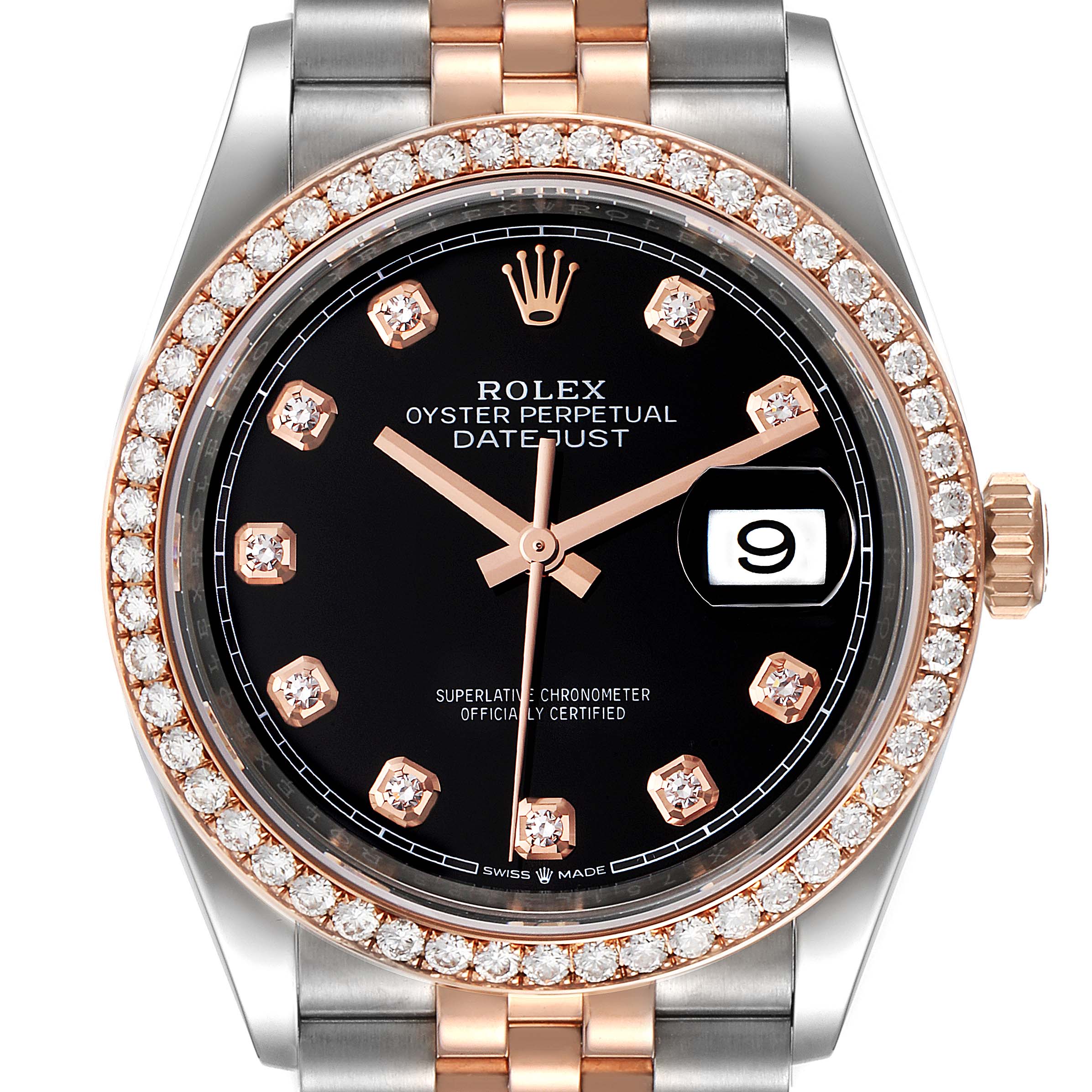 This is a close-up view of the Rolex Datejust 126281 Men's Steel and Gold (two tone) Black Dial 126281 Men's Steel and Gold (two tone) Black Dial watch showing its dial, hands, and a diamond-encrusted bezel.