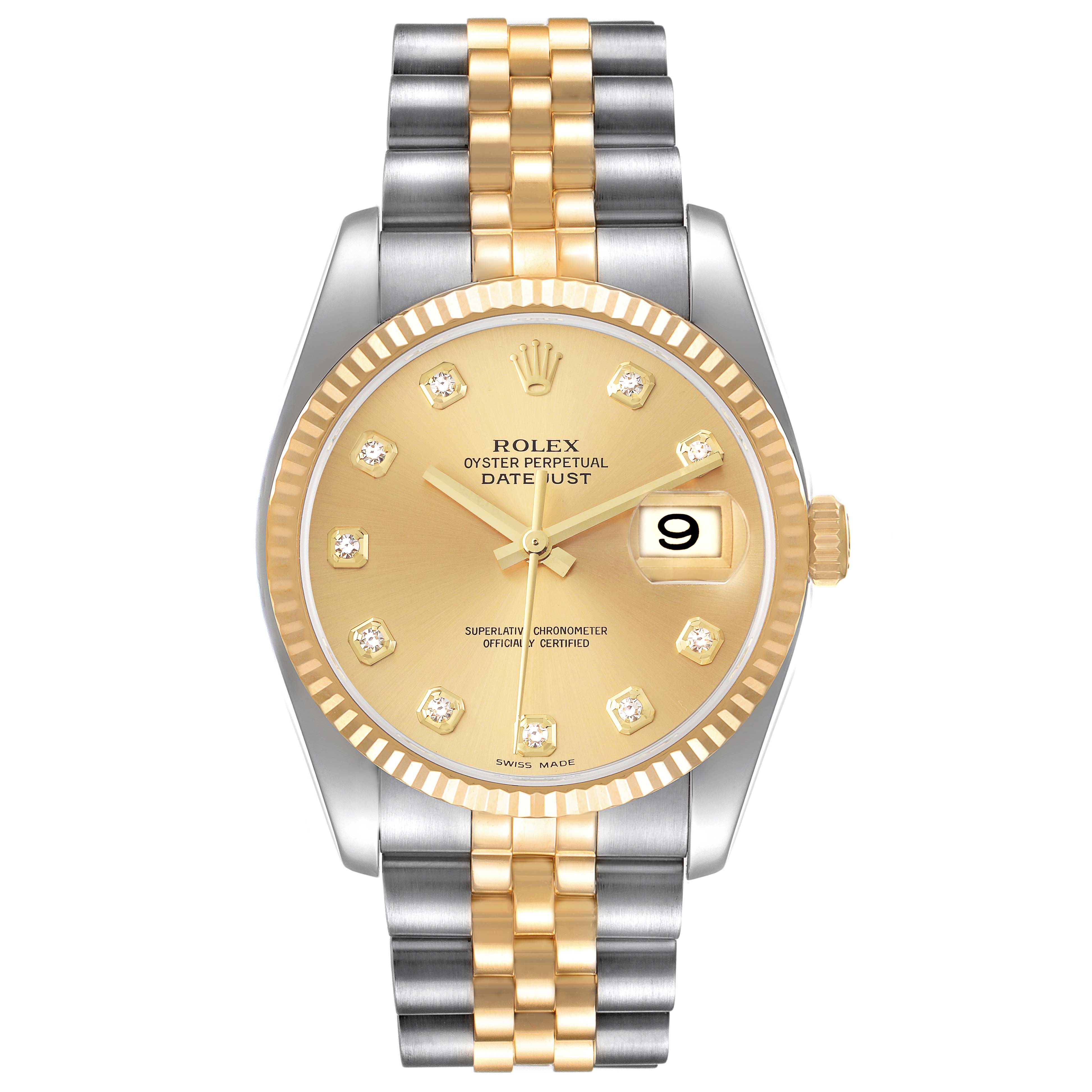 This is a front view of a Rolex Datejust 116233 Men's Steel and Gold (two tone) Champagne Dial 116233 Men's Steel and Gold (two tone) Champagne Dial with a two-tone bracelet, gold dial, and date window.