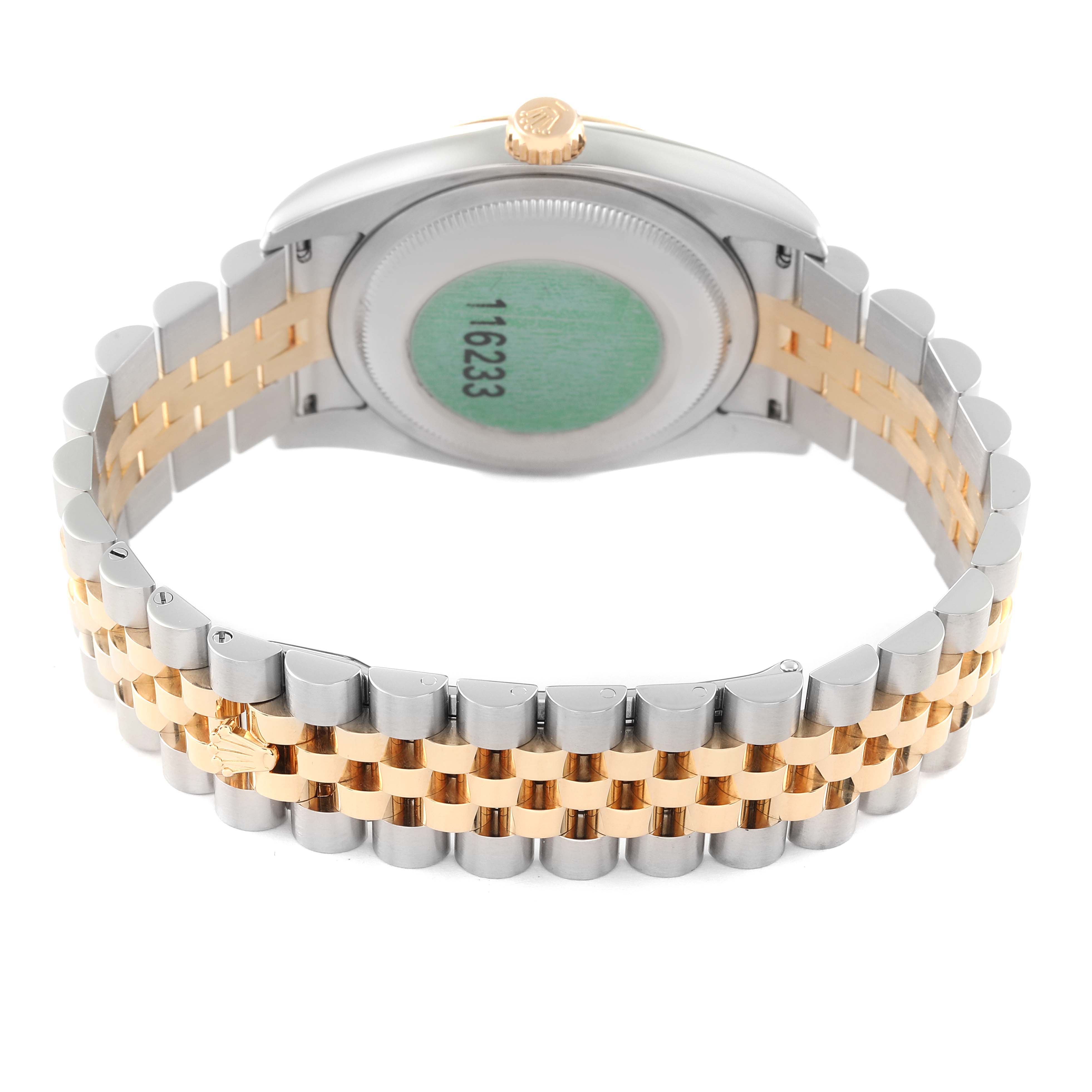 This image shows the back view of a Rolex Datejust 116233 Men's Steel and Gold (two tone) Champagne Dial 116233 Men's Steel and Gold (two tone) Champagne Dial watch, focusing on the case back and jubilee bracelet.