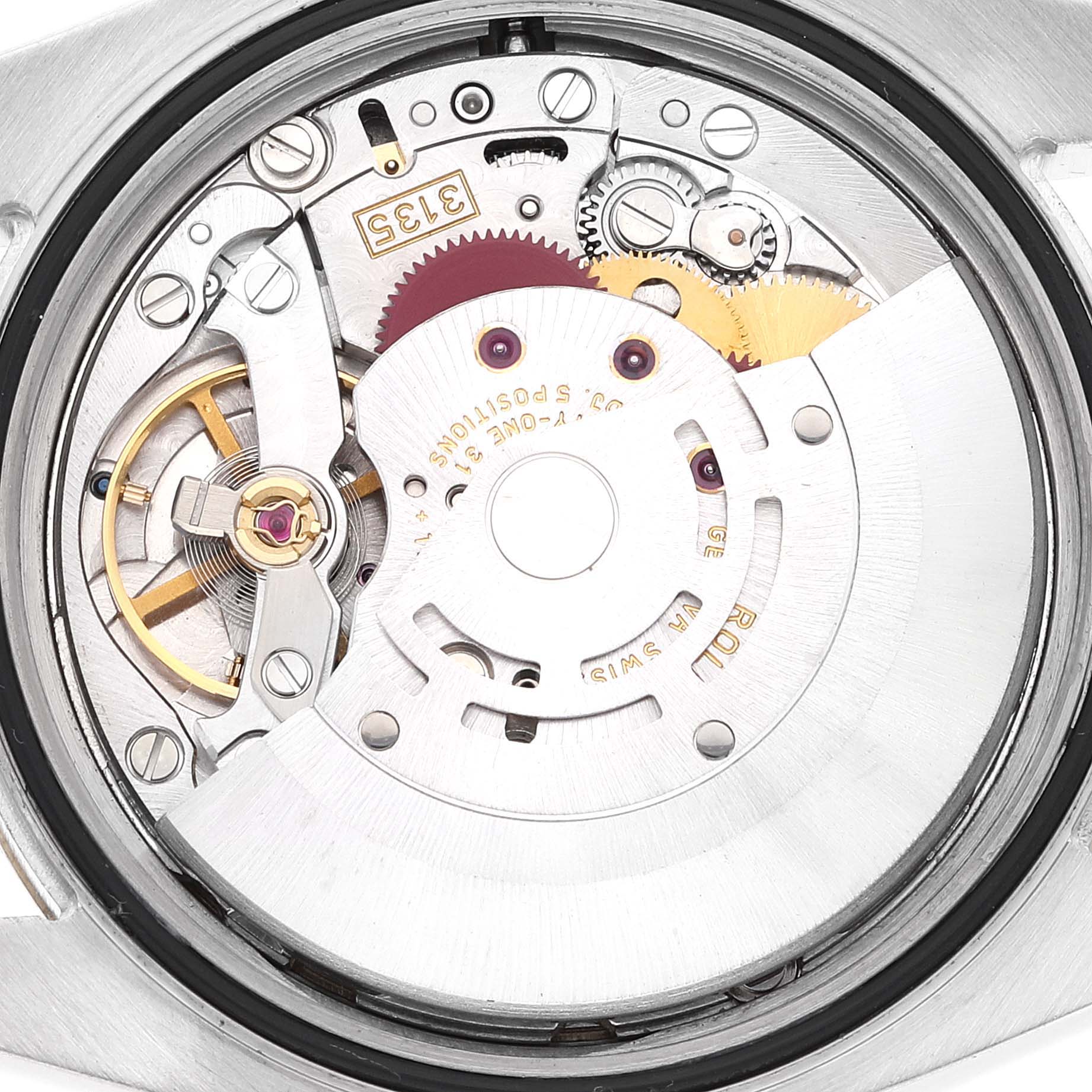 This image shows the internal movement mechanism of a Rolex Datejust 116233 Men's Steel and Gold (two tone) Champagne Dial 116233 Men's Steel and Gold (two tone) Champagne Dial watch from a top-down angle.
