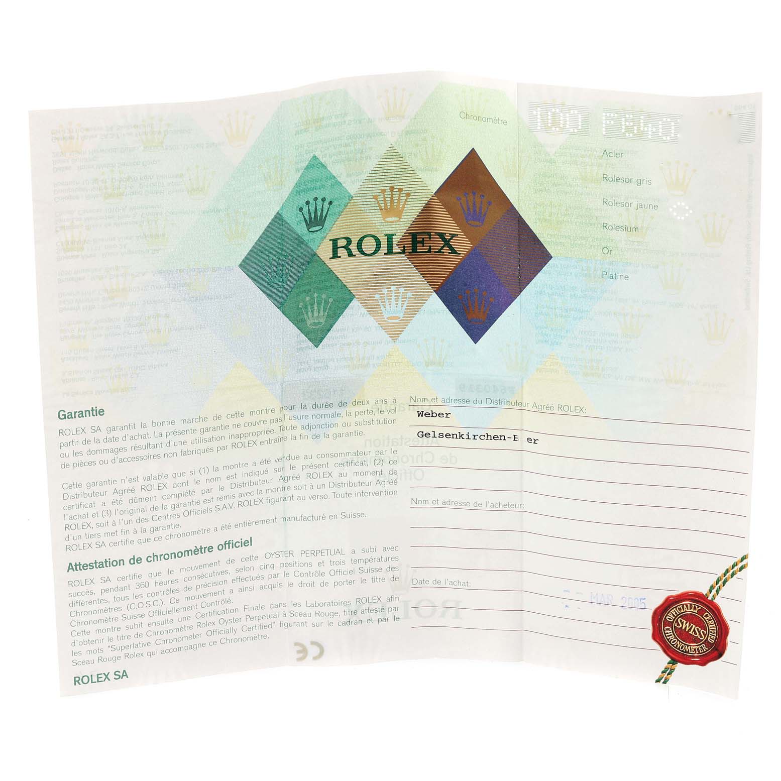 The image shows a warranty certificate from Rolex for a Datejust model watch.