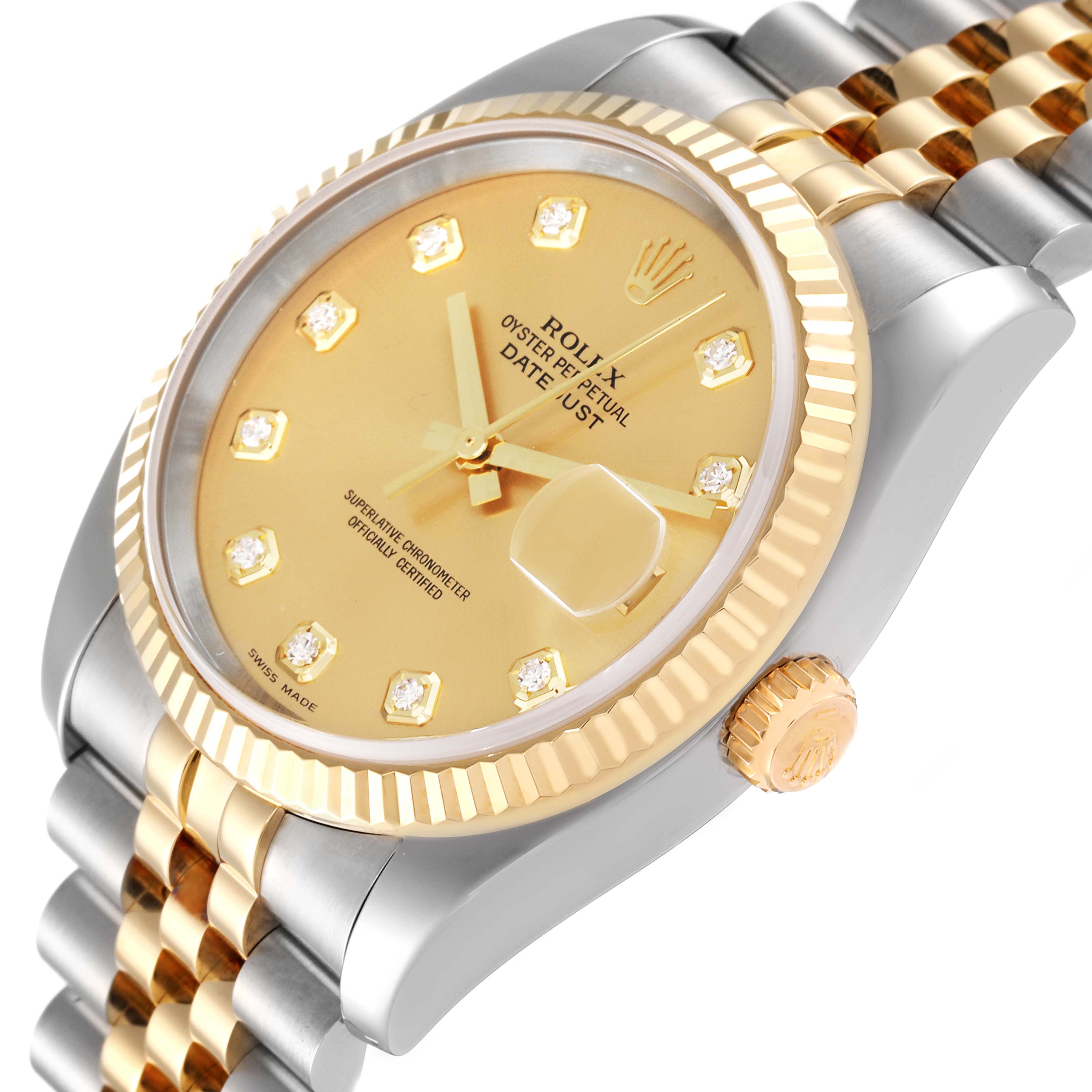 The image shows a close-up angled view of the Rolex Datejust 116233 Men's Steel and Gold (two tone) Champagne Dial 116233 Men's Steel and Gold (two tone) Champagne Dial watch, highlighting its dial, bezel, crown, and bracelet.