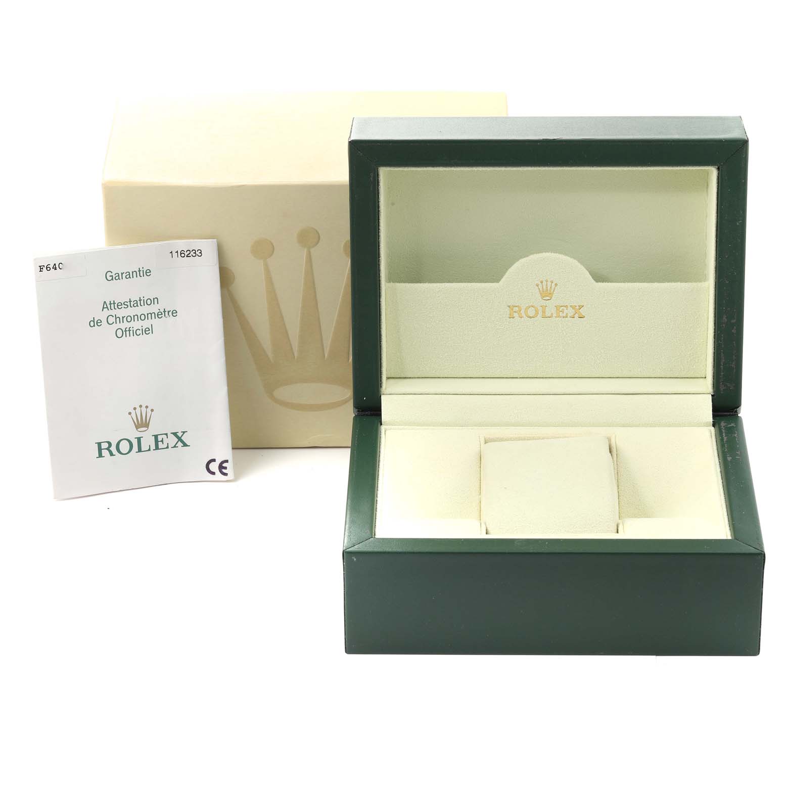 This image shows an open Rolex Datejust 116233 Men's Steel and Gold (two tone) Champagne Dial 116233 Men's Steel and Gold (two tone) Champagne Dial watch box and warranty card, with another outer box on the left.