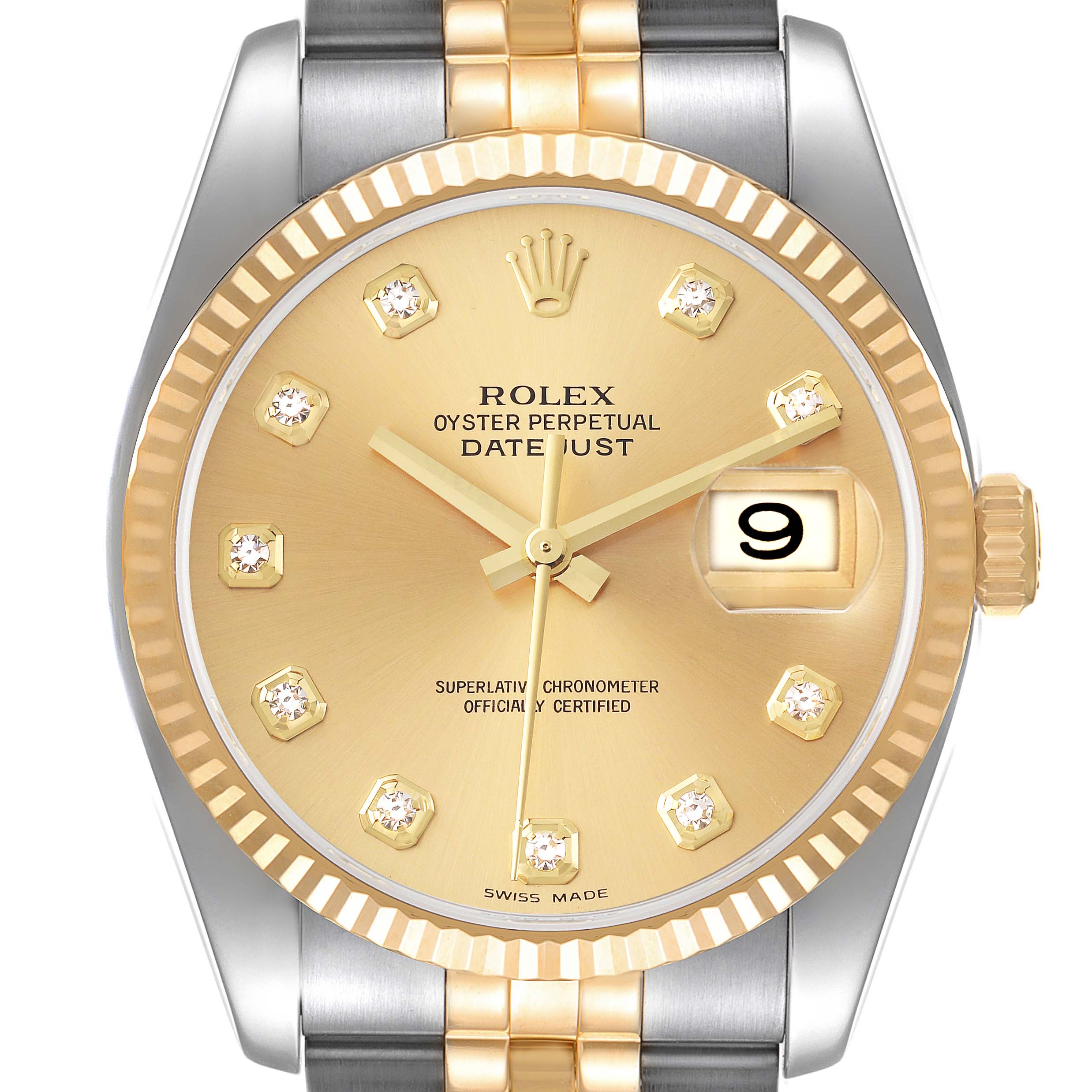 The image shows a front view of the Rolex Datejust 116233 Men's Steel and Gold (two tone) Champagne Dial 116233 Men's Steel and Gold (two tone) Champagne Dial Model, highlighting its dial, bezel, and part of the bracelet.