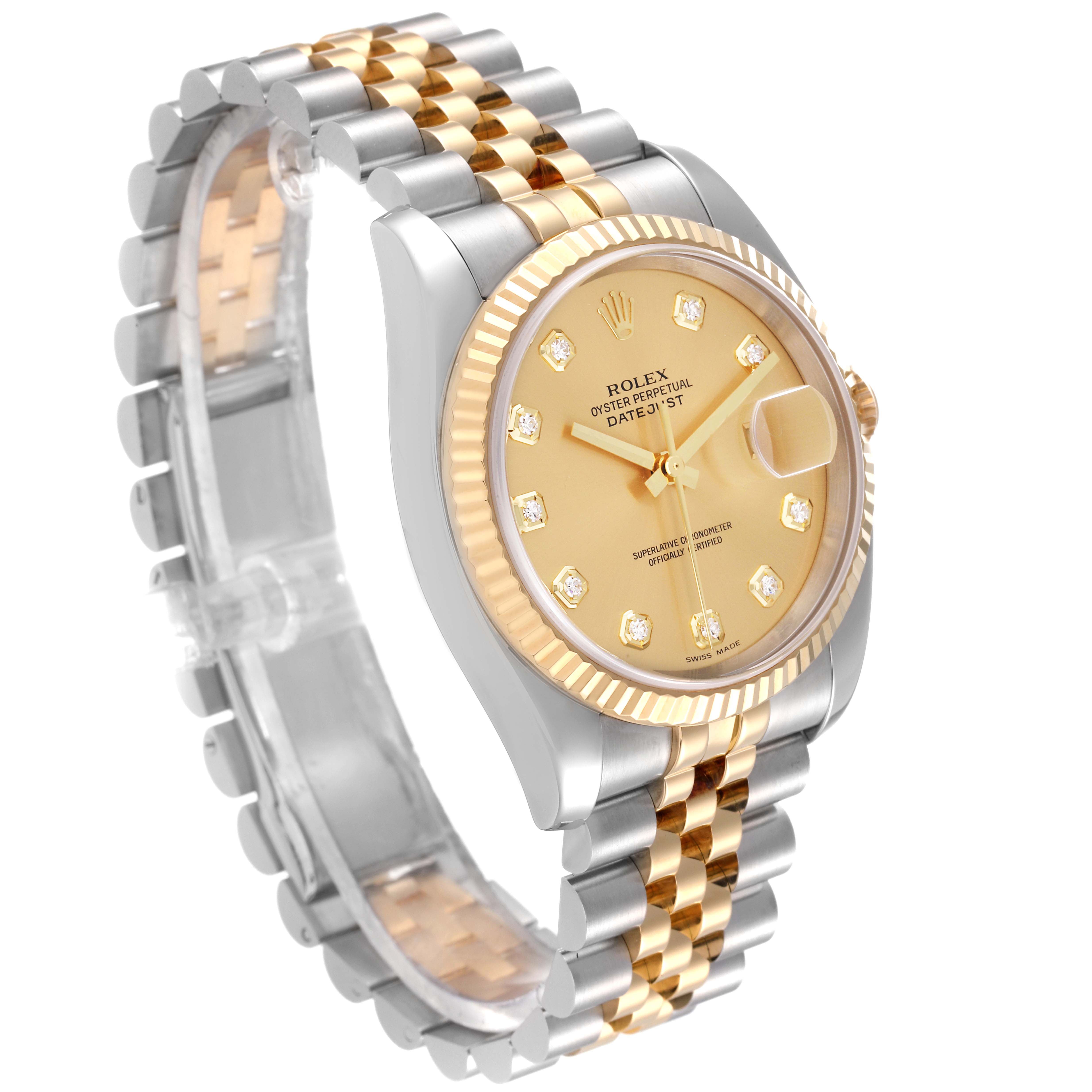 This Rolex Datejust 116233 Men's Steel and Gold (two tone) Champagne Dial 116233 Men's Steel and Gold (two tone) Champagne Dial watch is shown at a 3/4 angle, highlighting the gold dial, fluted bezel, and two-tone Jubilee bracelet.