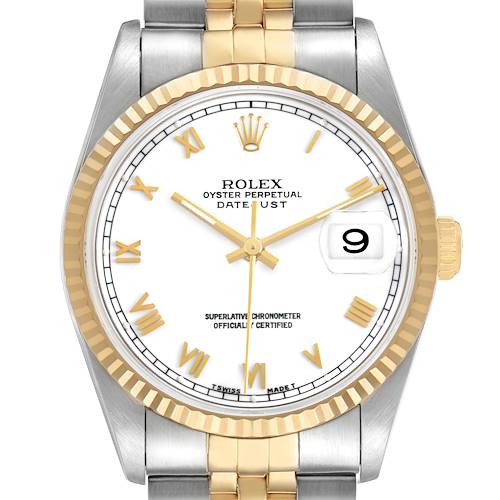 Photo of Rolex Datejust 36 Steel Yellow Gold White Roman Dial Mens Watch 16233