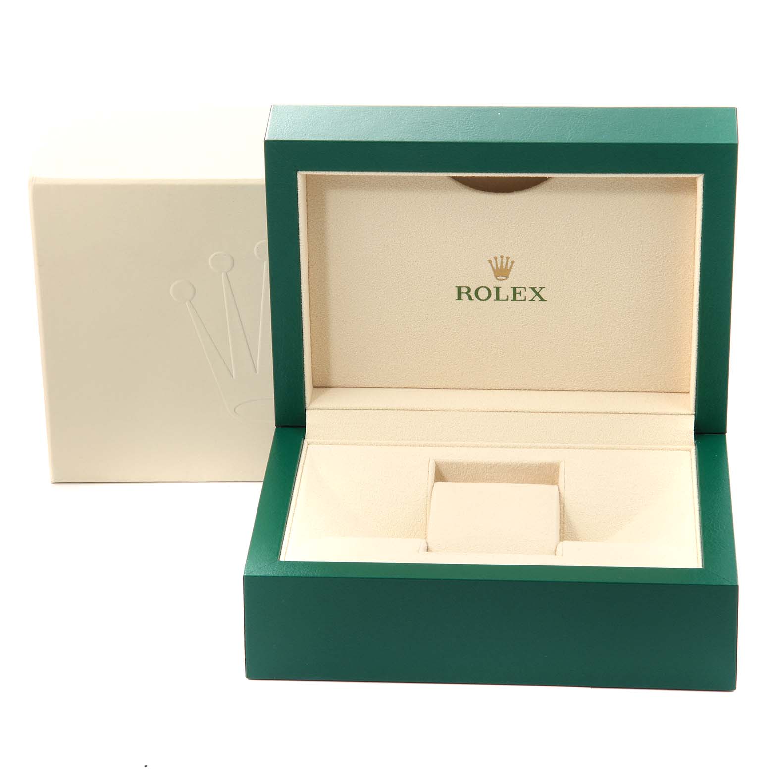 This image shows the open presentation box for the Rolex Datejust 41 126300 Men's Stainless Steel Grey Dial 126300 Men's Stainless Steel Grey Dial model, displaying its interior and exterior.