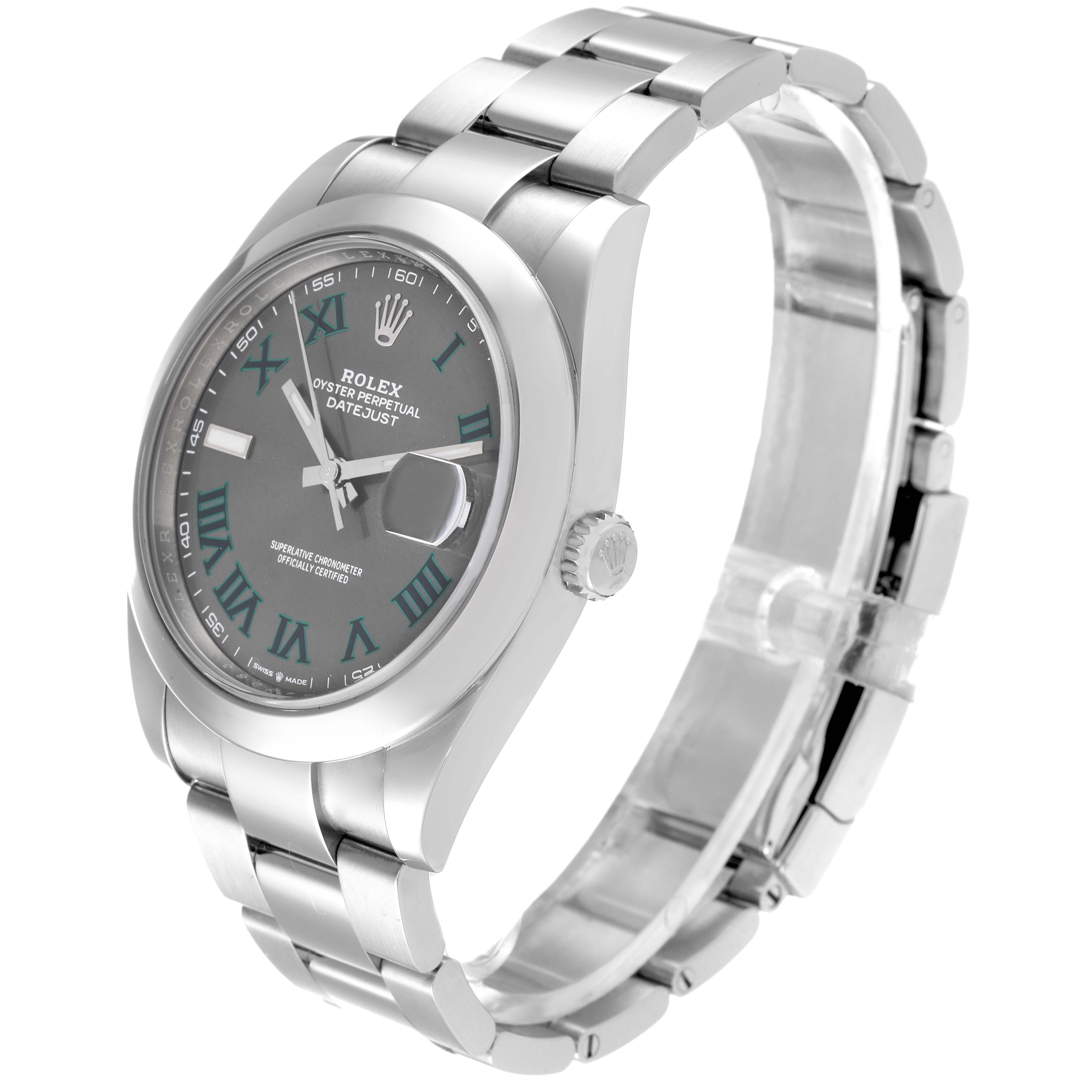 The Rolex Datejust 41 126300 Men's Stainless Steel Grey Dial 126300 Men's Stainless Steel Grey Dial watch is shown from a front-side angle, highlighting its face, bracelet, bezel, and crown.