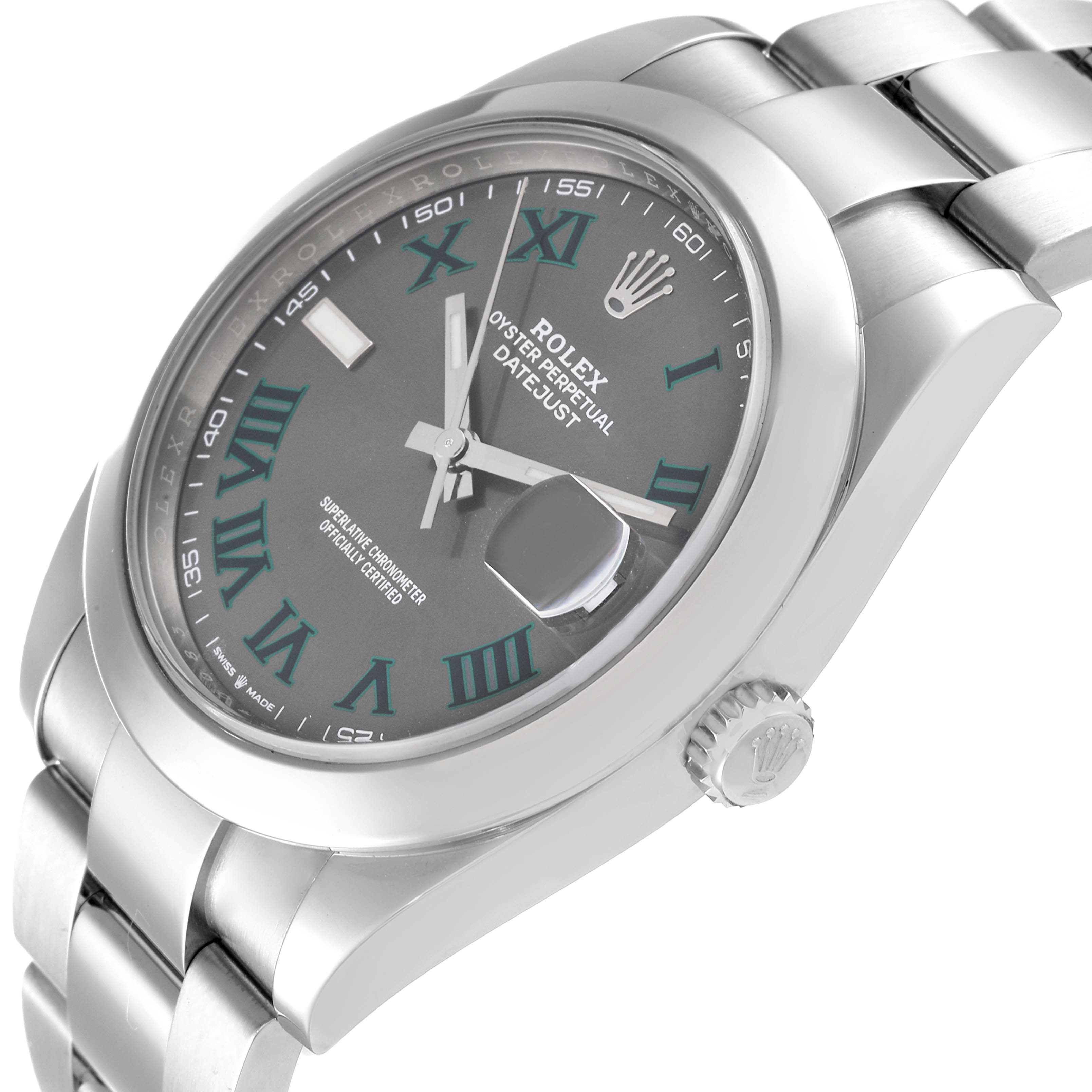 The image shows a close-up side angle of a Rolex Datejust 41 126300 Men's Stainless Steel Grey Dial 126300 Men's Stainless Steel Grey Dial watch, highlighting the dial, bezel, crown, and part of the bracelet.