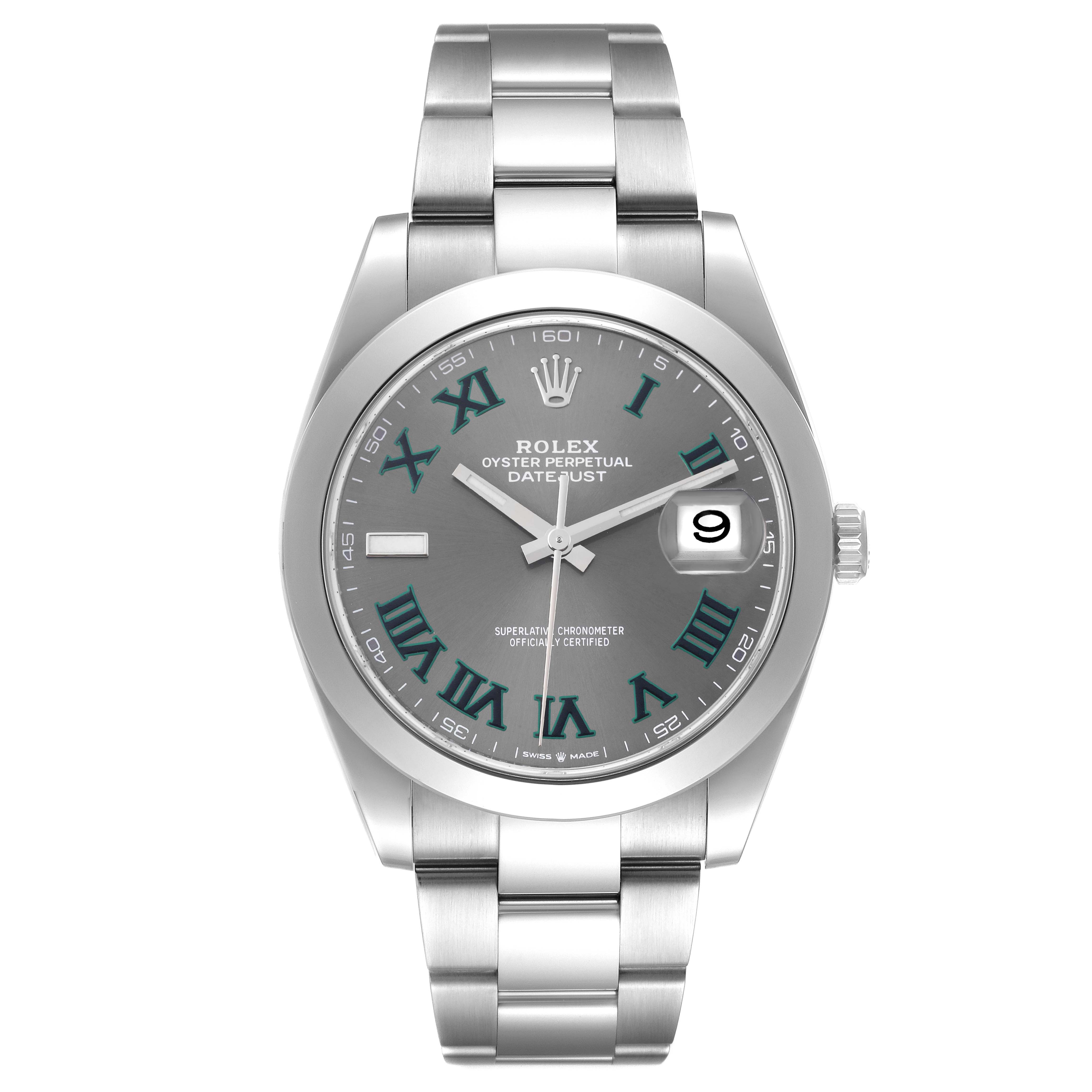 This image shows a front view of the Rolex Datejust 41 126300 Men's Stainless Steel Grey Dial 126300 Men's Stainless Steel Grey Dial watch, highlighting its grey dial, Roman numerals, and stainless steel bracelet.