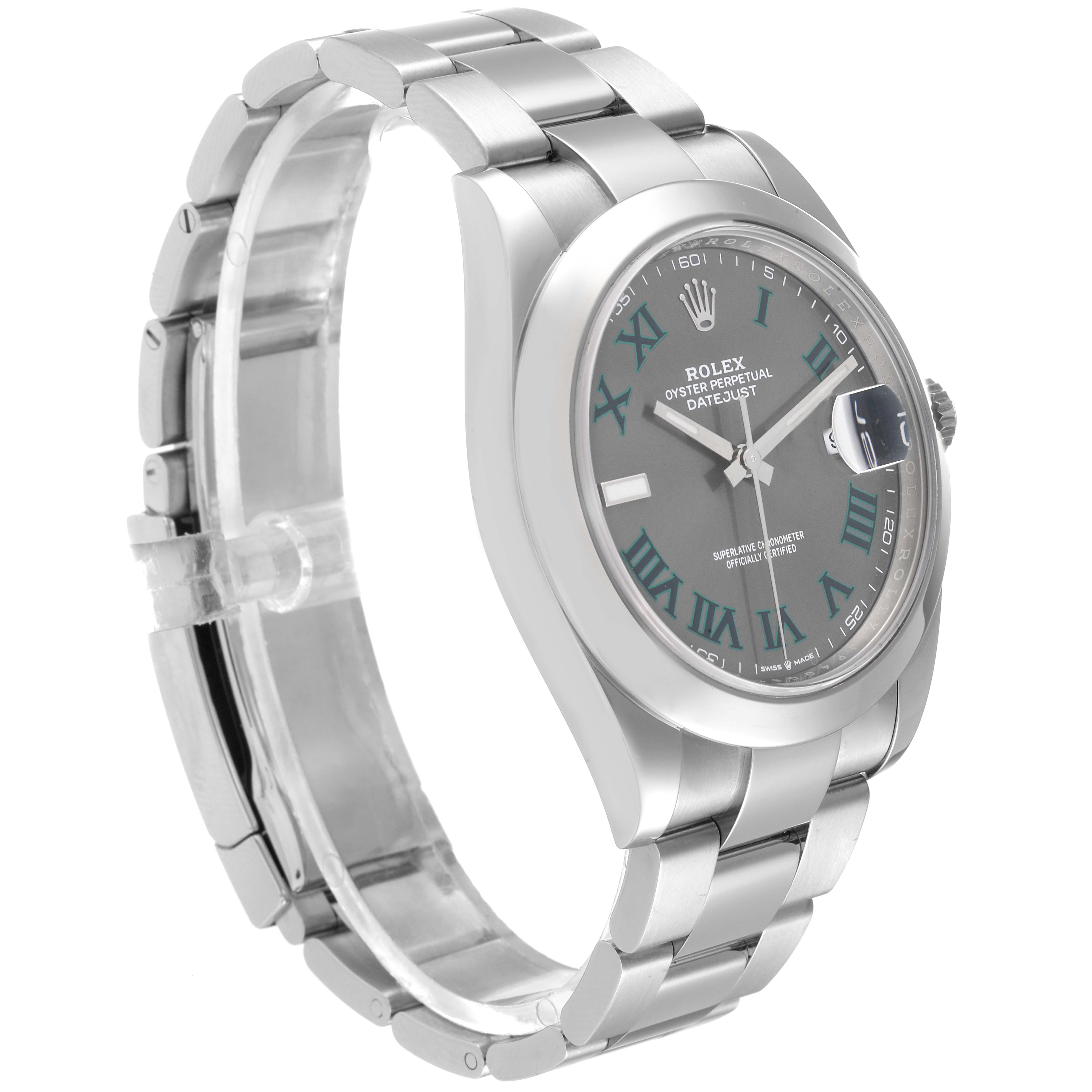 This image shows a Rolex Datejust 41 126300 Men's Stainless Steel Grey Dial 126300 Men's Stainless Steel Grey Dial model watch from a side angle, highlighting the bracelet, dial, and bezel.