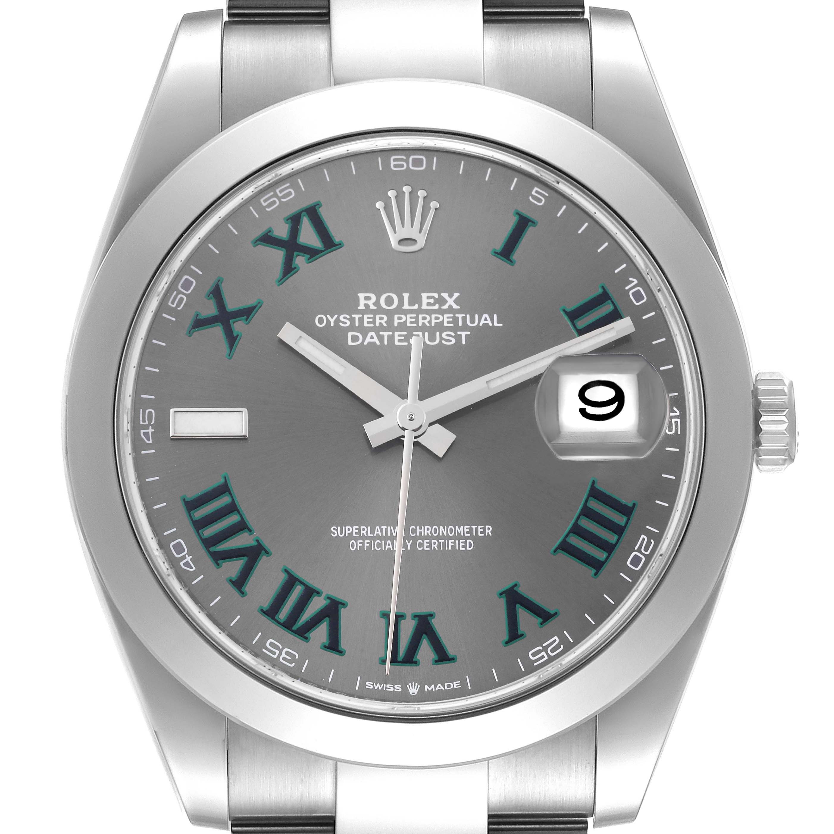 The image shows a front view of the Rolex Datejust 41 126300 Men's Stainless Steel Grey Dial 126300 Men's Stainless Steel Grey Dial watch, highlighting the dial, hands, Roman numeral markers, and date window.