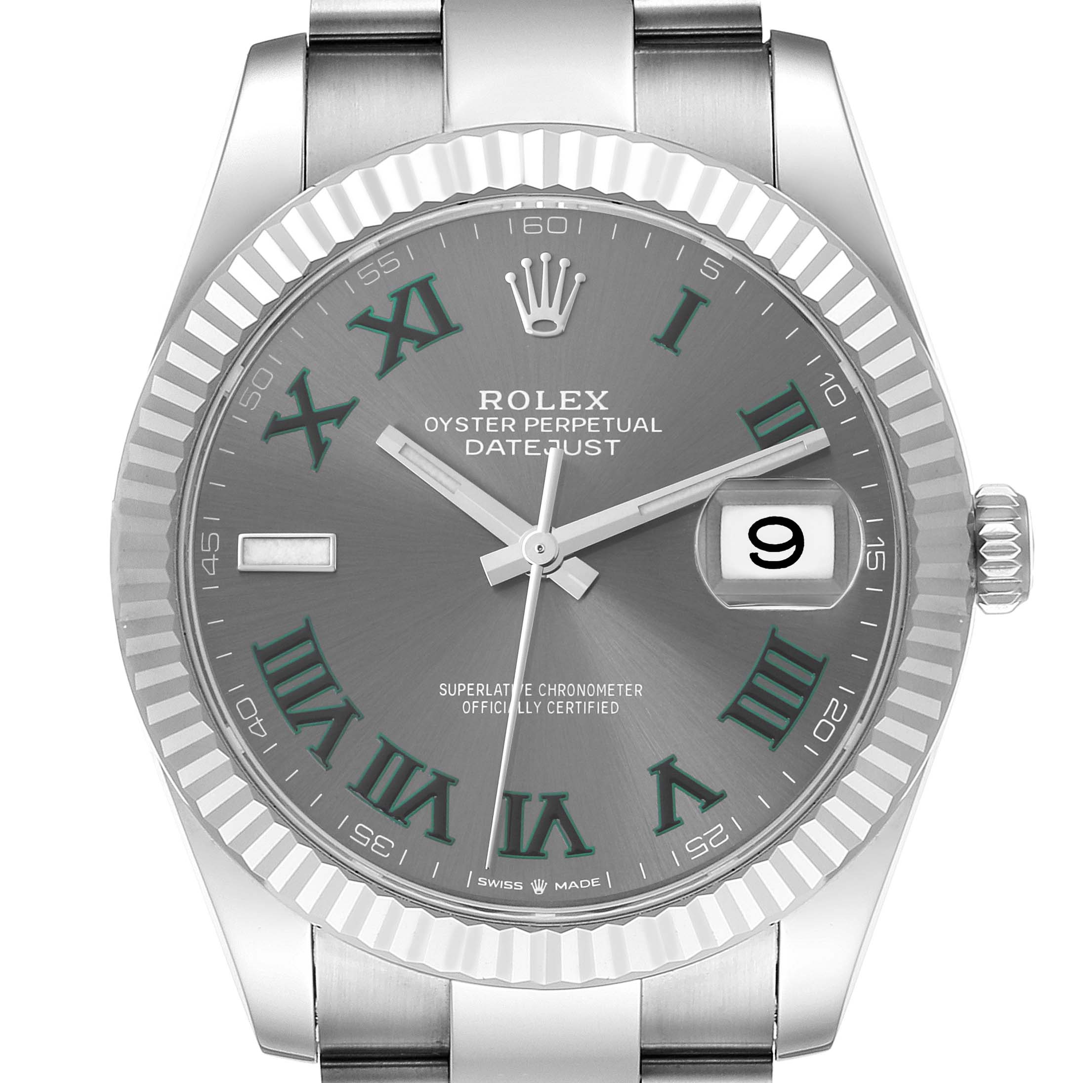 The image shows the front view of the Rolex Datejust 41 126334 Men
s Stainless Steel Grey Dial 126334 Men
s Stainless Steel Grey Dial watch, highlighting the dial, hands, bezel, and bracelet.