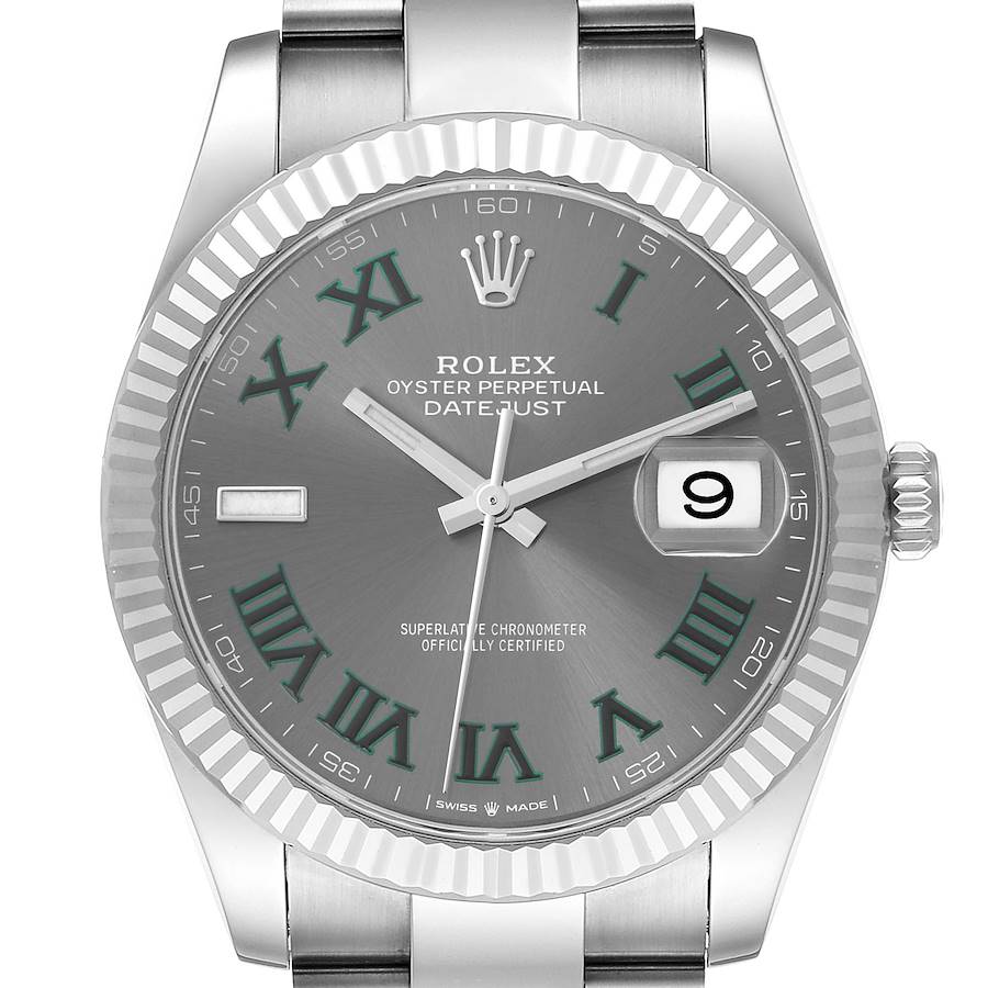 The image shows the front view of the Rolex Datejust 41 watch, highlighting the dial, hands, bezel, and bracelet.