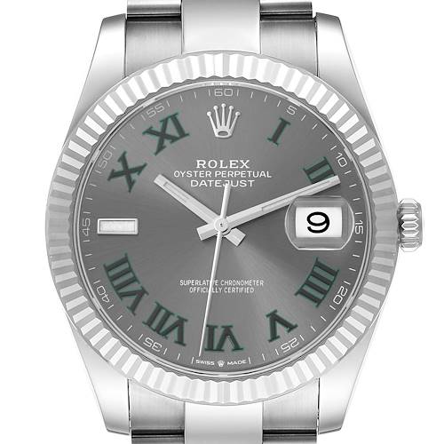 This image shows a front view of a Rolex Datejust 41 watch, displaying the dial, hands, crown, and part of the bracelet.