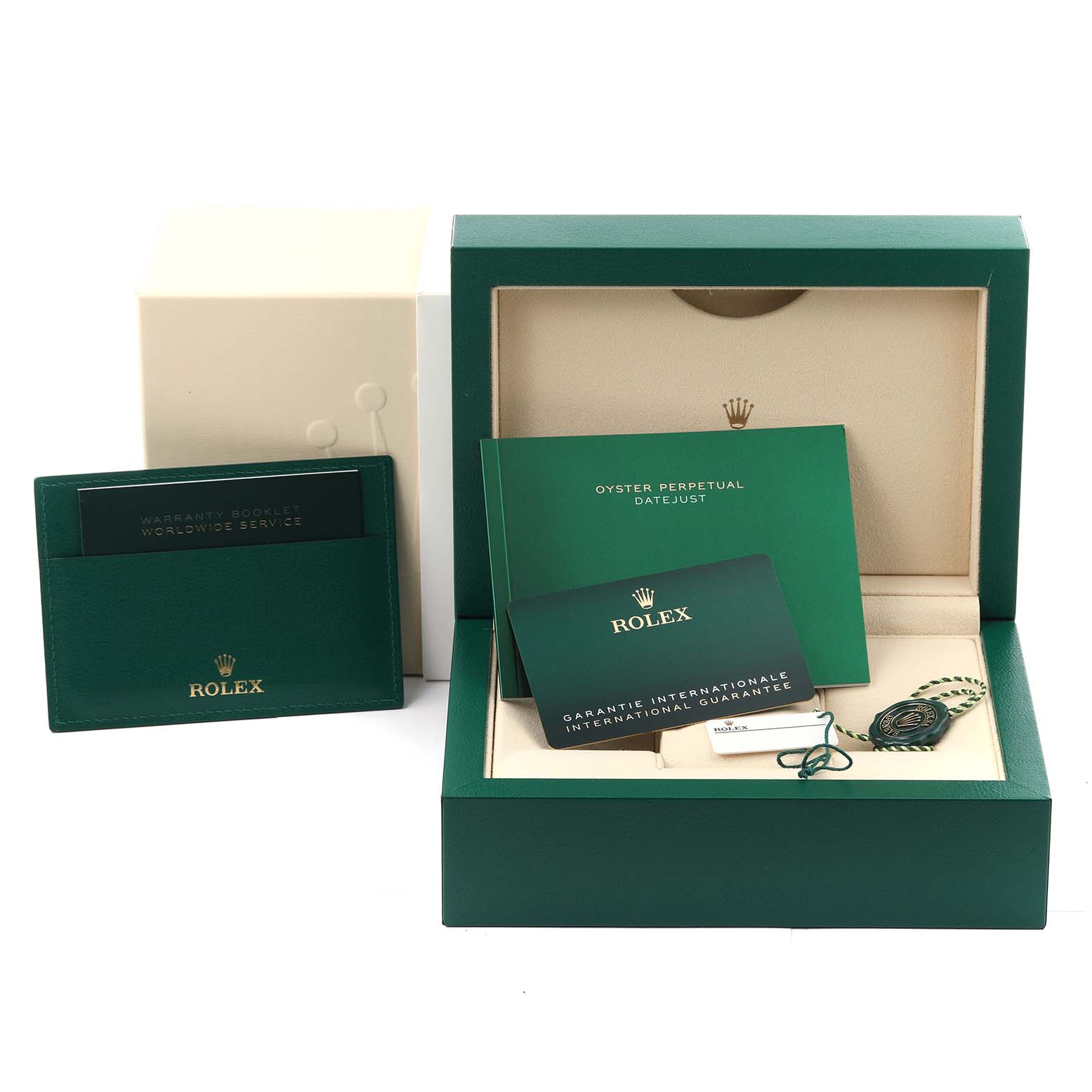 The image shows the box, warranty cards, booklets, and tags for a Rolex Datejust 41 126334 Men
s Stainless Steel Grey Dial 126334 Men
s Stainless Steel Grey Dial model, viewed from the front.