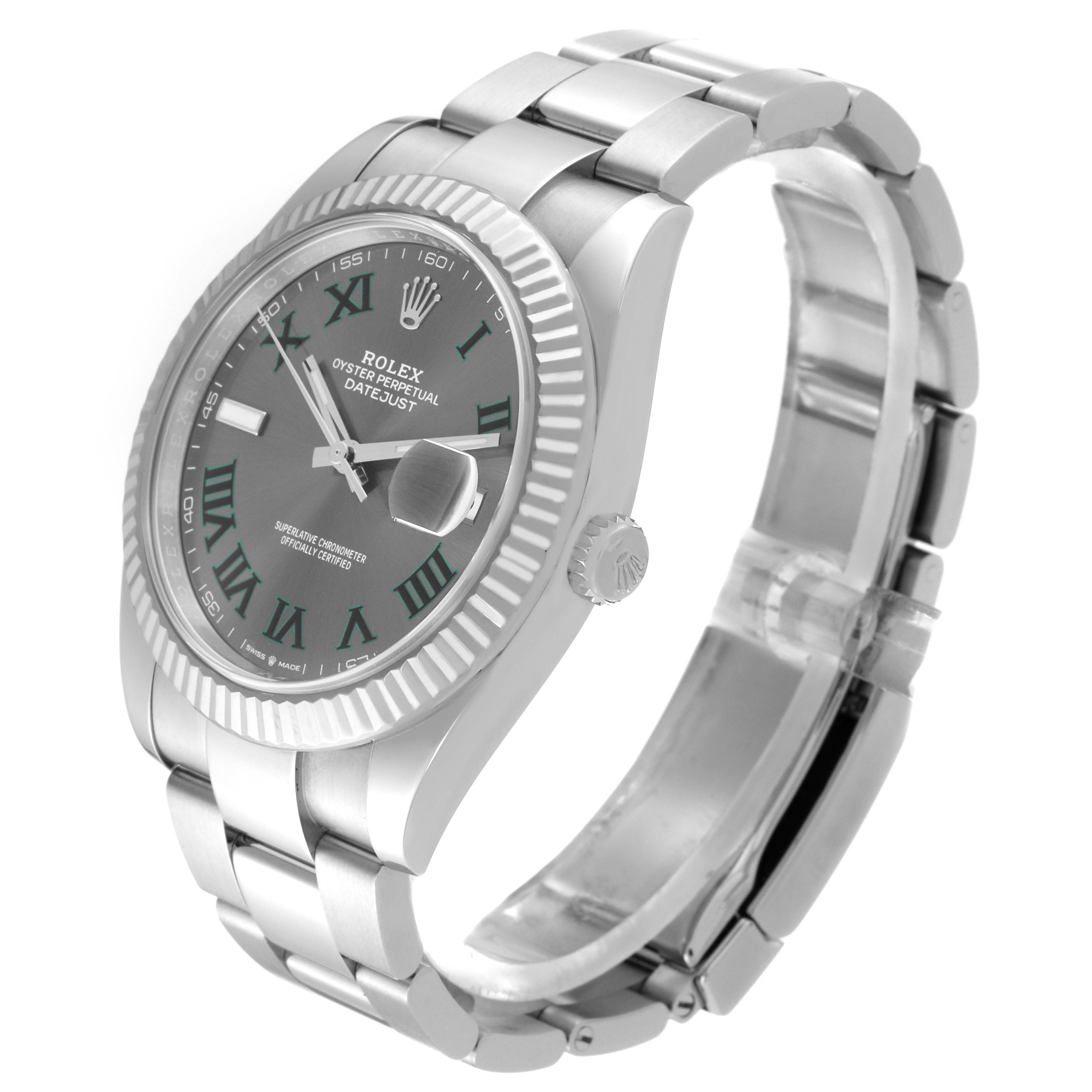 The image shows a Rolex Datejust 41 126334 Men
s Stainless Steel Grey Dial 126334 Men
s Stainless Steel Grey Dial watch at a slight angle, highlighting its face, bezel, and bracelet.