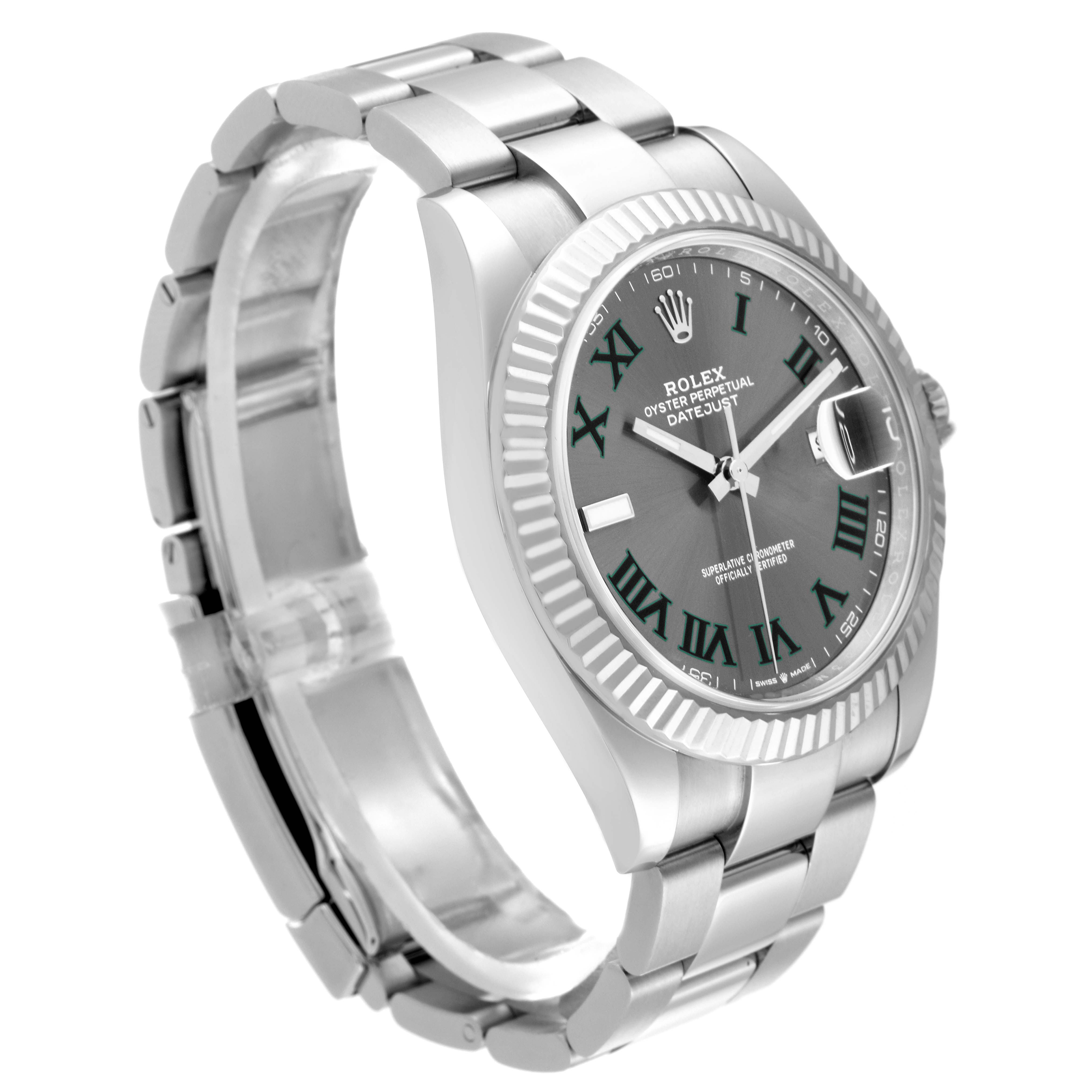 The image shows a side view of a Rolex Datejust 41 126334 Men
s Stainless Steel Grey Dial 126334 Men
s Stainless Steel Grey Dial, highlighting its dial, bezel, and oyster bracelet.