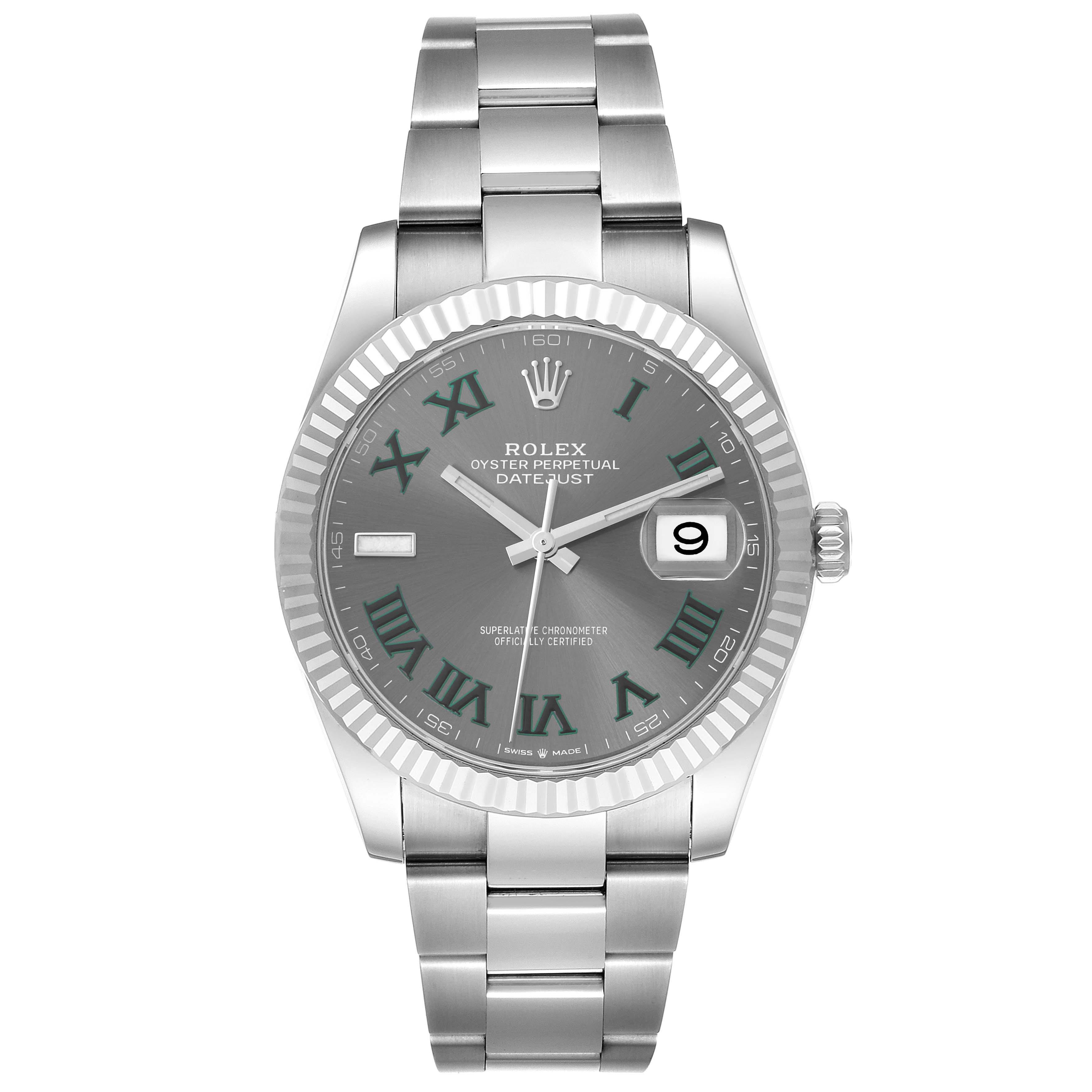 This image shows the front view of the Rolex Datejust 41 126334 Men
s Stainless Steel Grey Dial 126334 Men
s Stainless Steel Grey Dial watch, showcasing its dial, bezel, and bracelet.